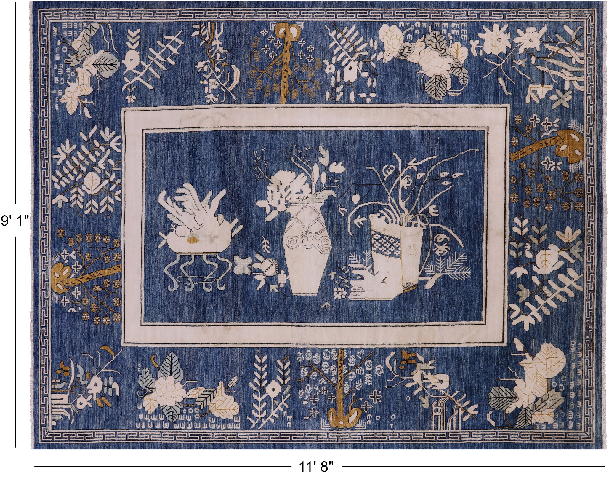 Blue Contemporary Handmade Wool & Silk Rug - 9' 1" X 11' 8" - Golden Nile