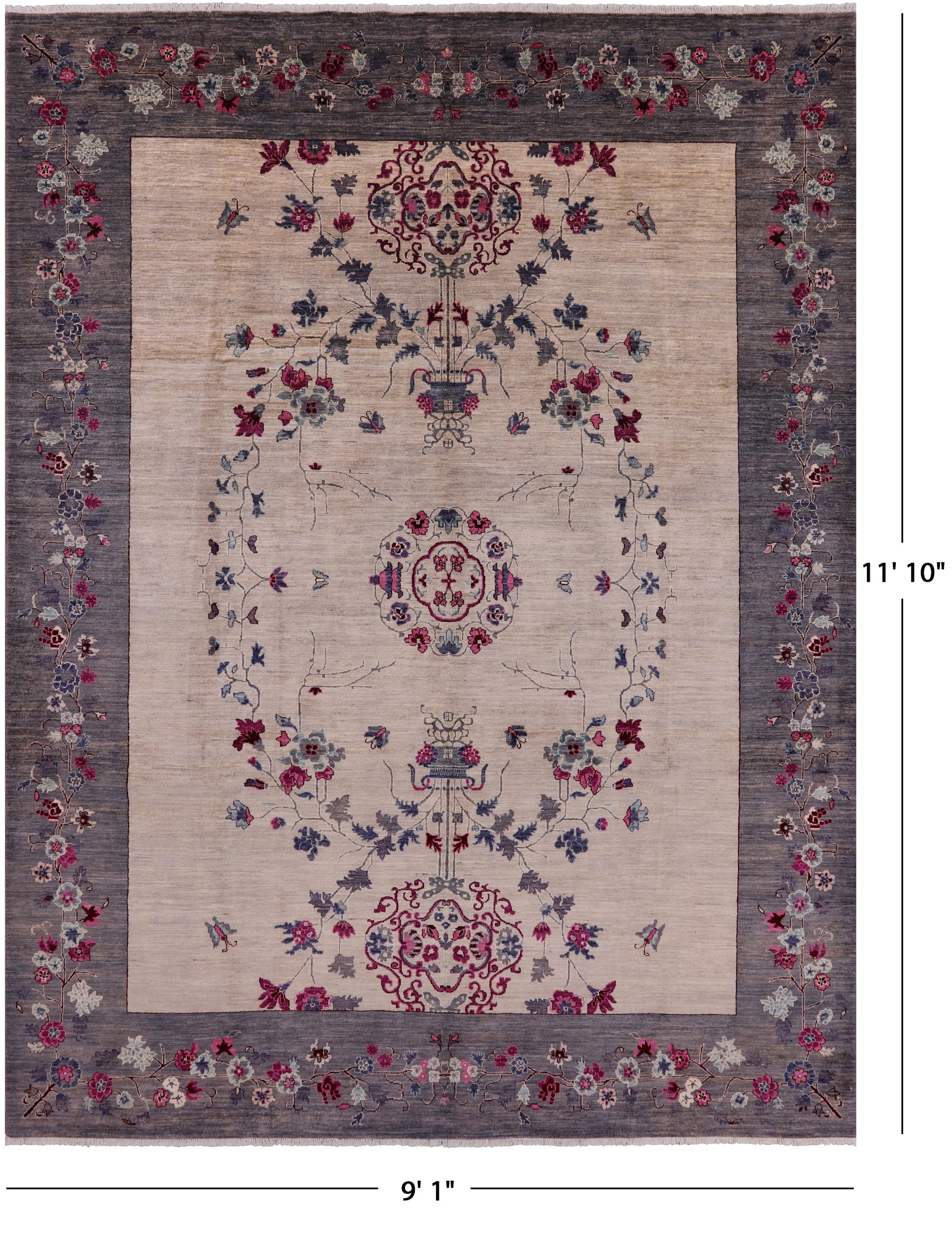 Ivory William Morris Hand Knotted Wool Rug - 9' 1" X 11' 10" - Golden Nile