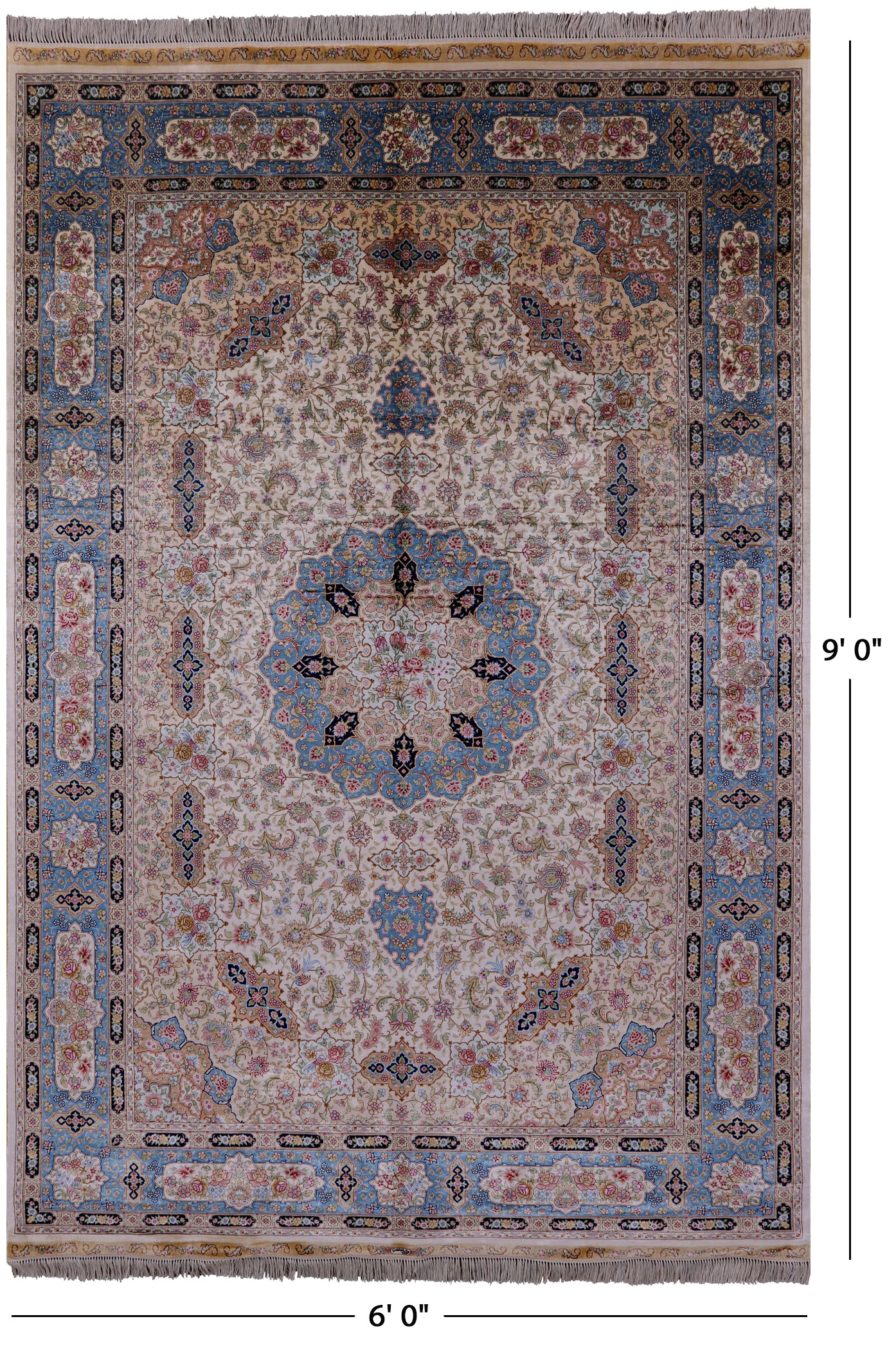 Ivory High End Persian Hand Knotted 100 % Silk Rug - 6' 0" X 9' 0" - Golden Nile