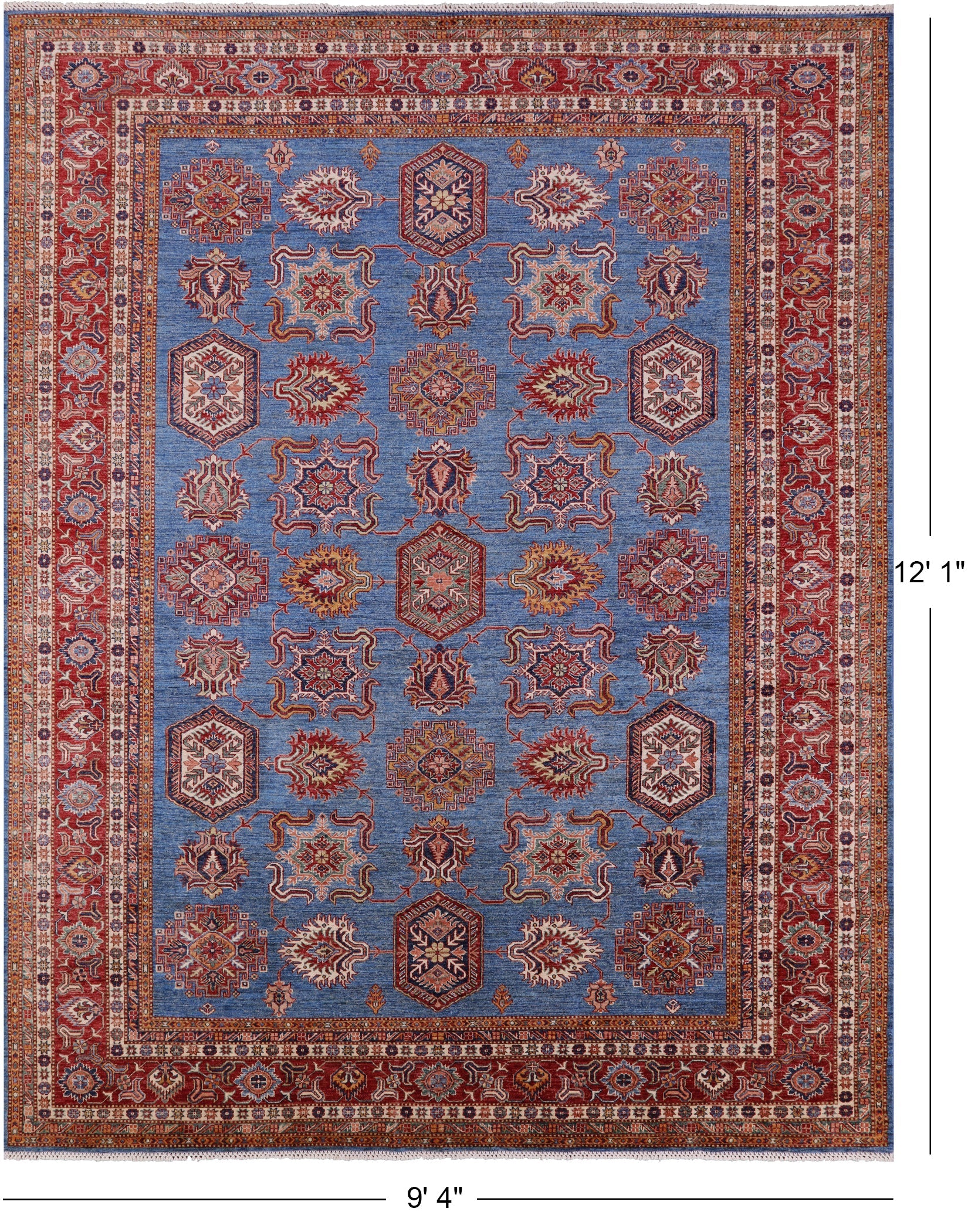 Blue Super Kazak Hand Knotted Wool Rug - 9' 4" X 12' 1" - Golden Nile