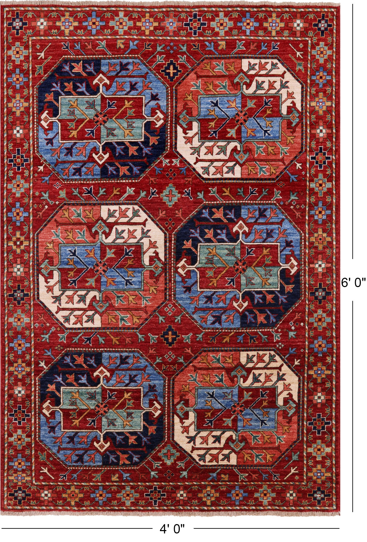 Red Turkmen Ersari Hand Knotted Wool Rug - 4' 0" X 6' 0" - Golden Nile