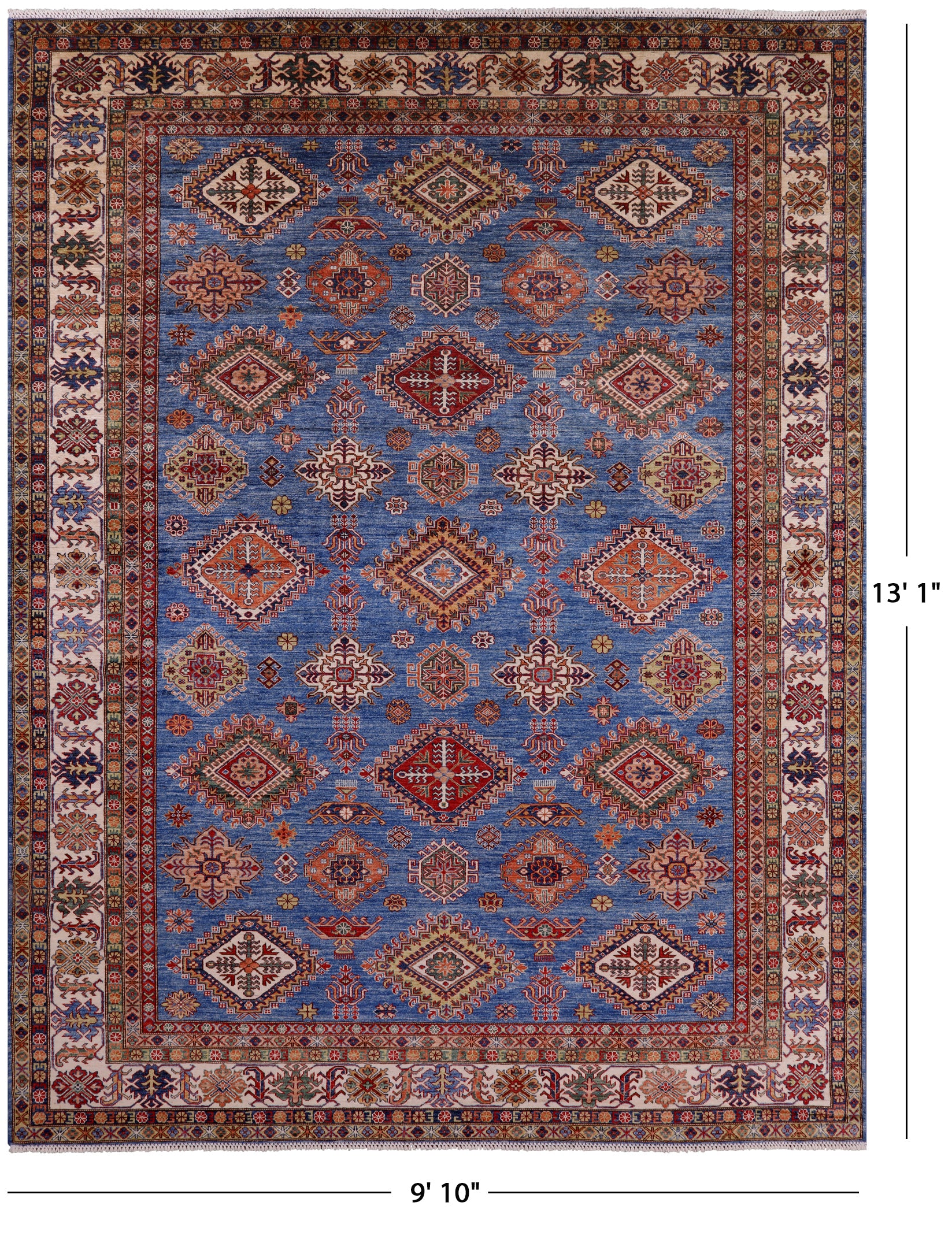 Blue Super Kazak Handmade Wool Rug - 9' 10" X 13' 1" - Golden Nile