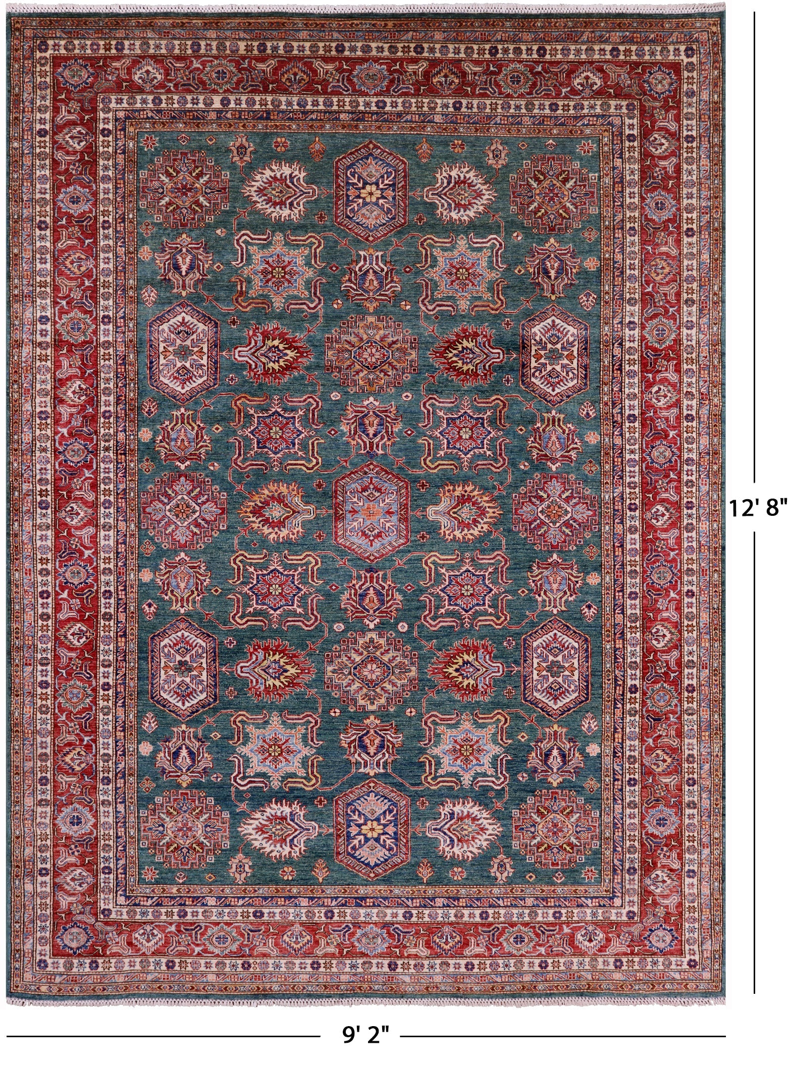 Green Super Kazak Hand Knotted Wool Rug - 9' 2" X 12' 8" - Golden Nile
