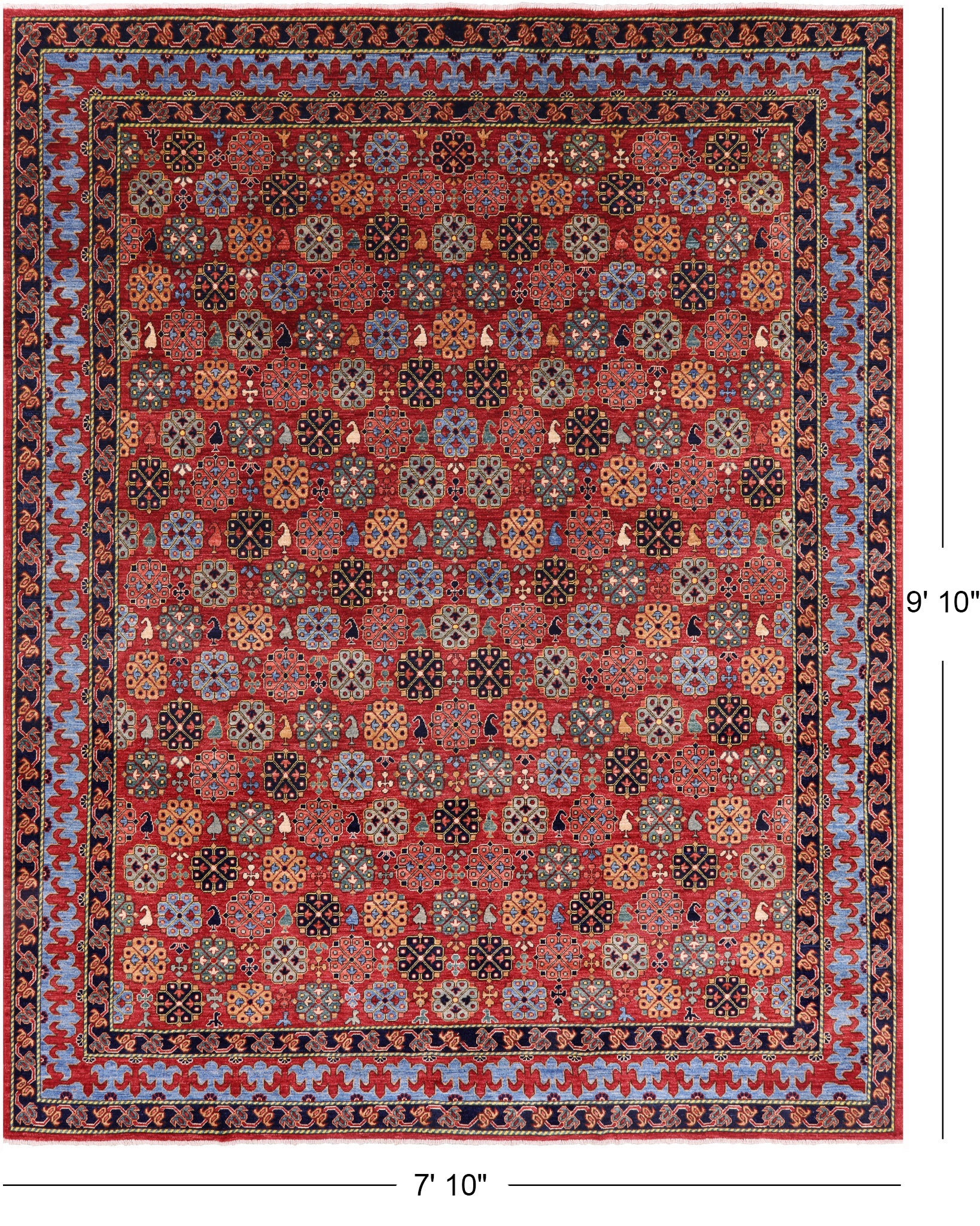 Red Turkmen Ersari Handmade Wool Rug - 7' 10" X 9' 10" - Golden Nile