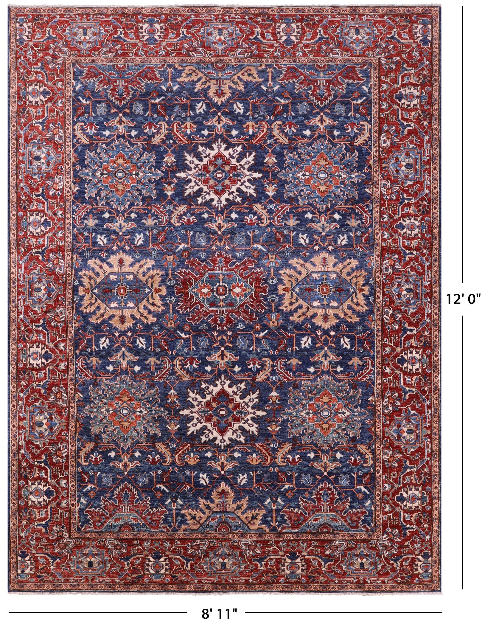 Blue Persian Fine Serapi Hand Knotted Wool Rug - 8' 11" X 12' 0" - Golden Nile