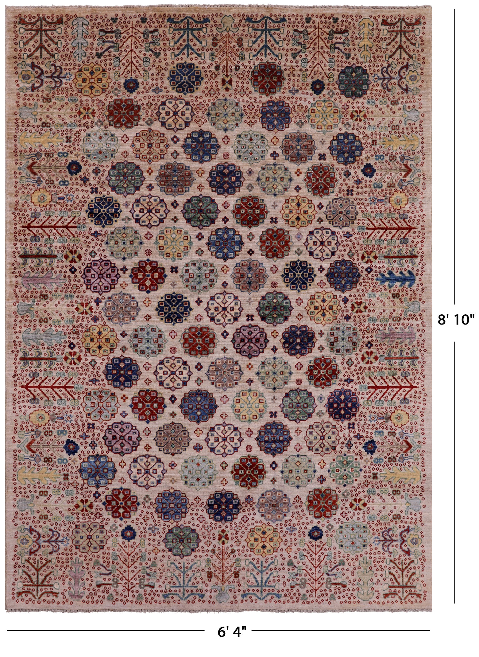 Ivory Turkmen Ersari Hand Knotted Wool Rug - 6' 4" X 8' 10" - Golden Nile