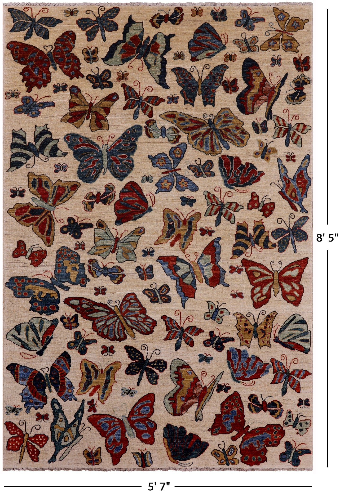 Ivory Butterflies Design Modern Handmade Wool Rug - 5' 7" X 8' 5" - Golden Nile