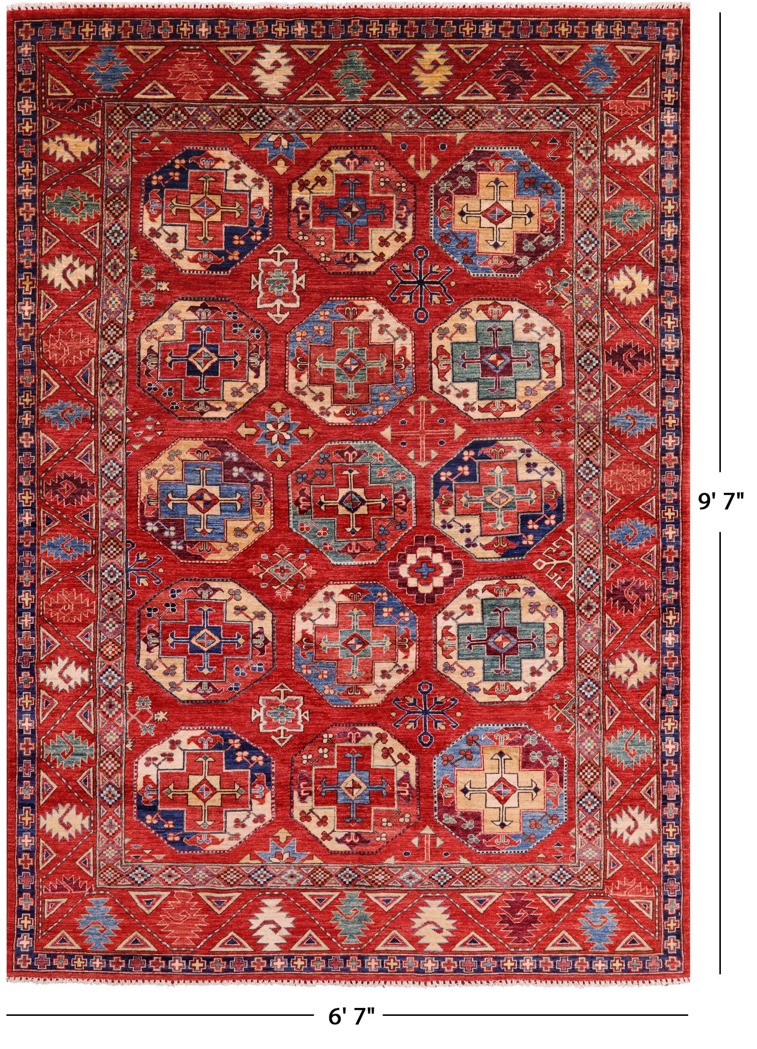 Red Turkmen Ersari Handmade Wool Rug - 6' 7" X 9' 7" - Golden Nile