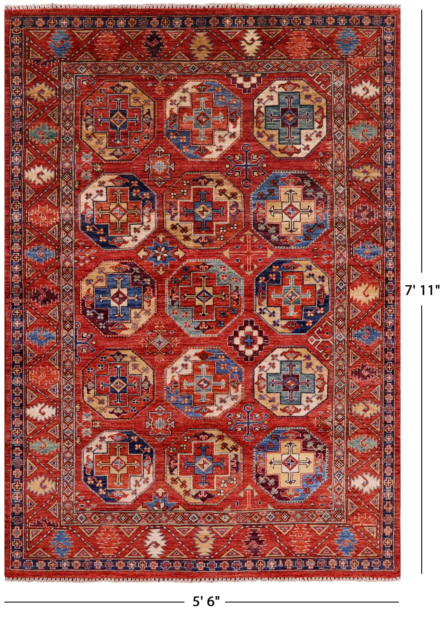 Red Turkmen Ersari Handmade Wool Rug - 5' 6" X 7' 11" - Golden Nile