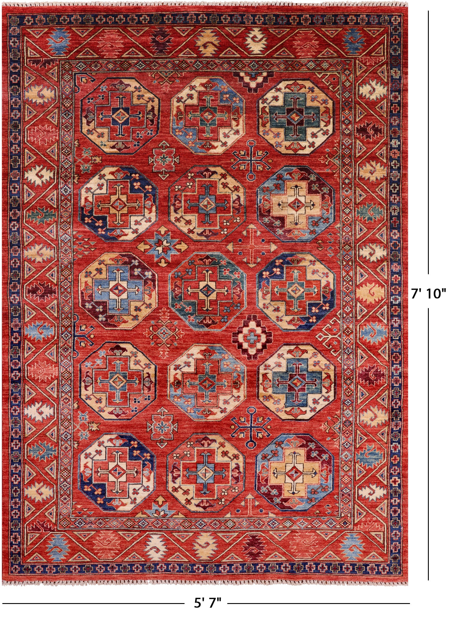 Red Turkmen Ersari Handmade Wool Rug - 5' 7" X 7' 10" - Golden Nile