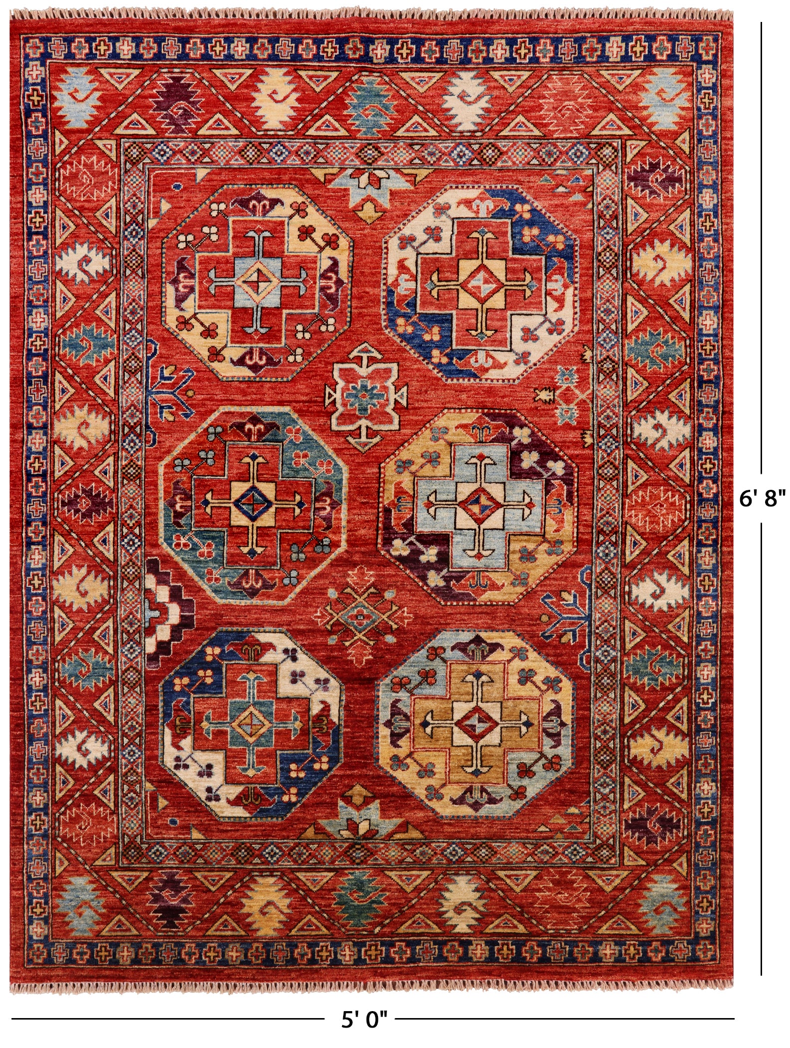 Red Turkmen Ersari Hand Knotted Wool Rug - 5' 0" X 6' 8" - Golden Nile