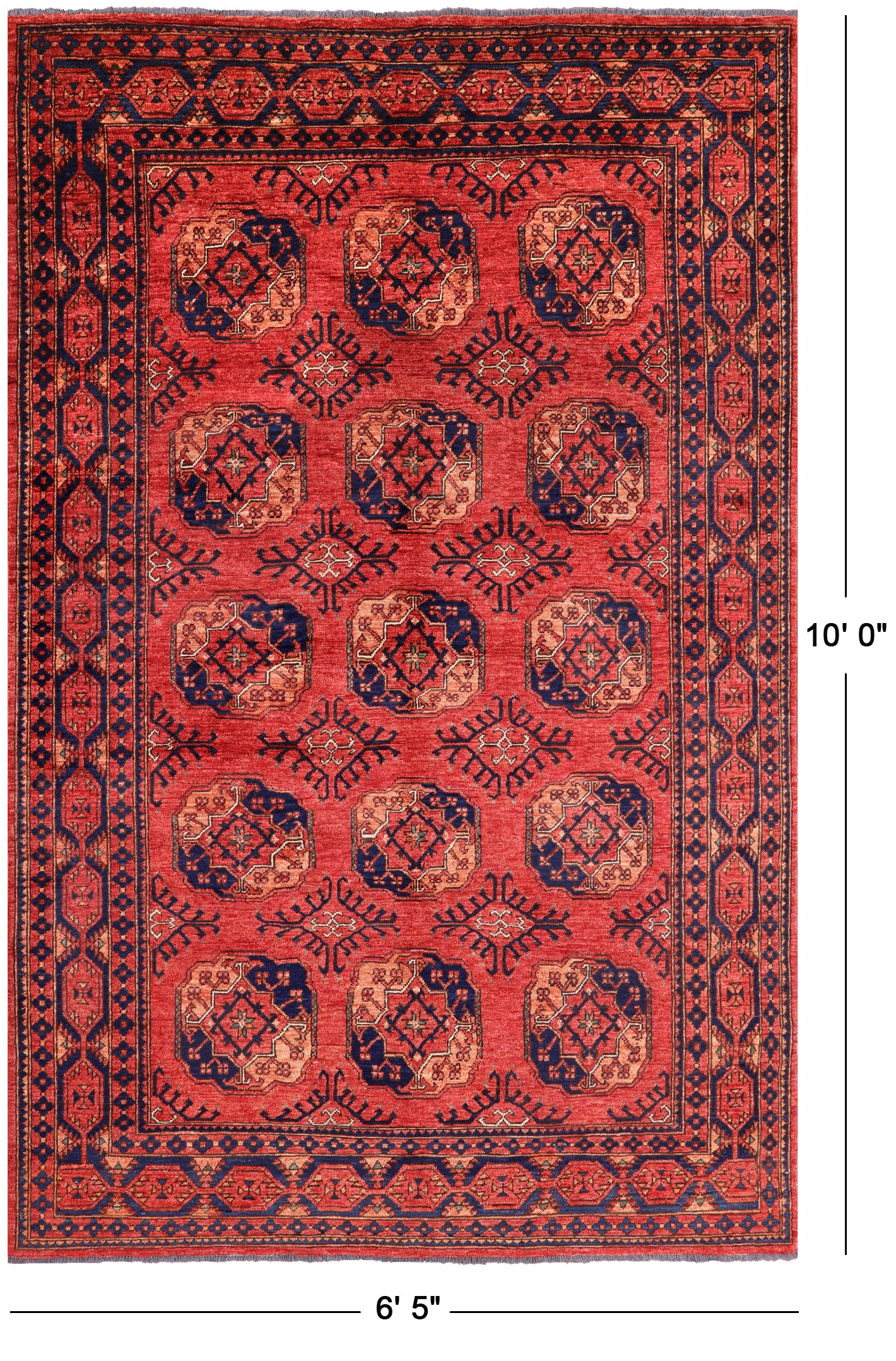 Red Turkmen Ersari Handmade Wool On Wool Rug - 6' 5" X 10' 0" - Golden Nile