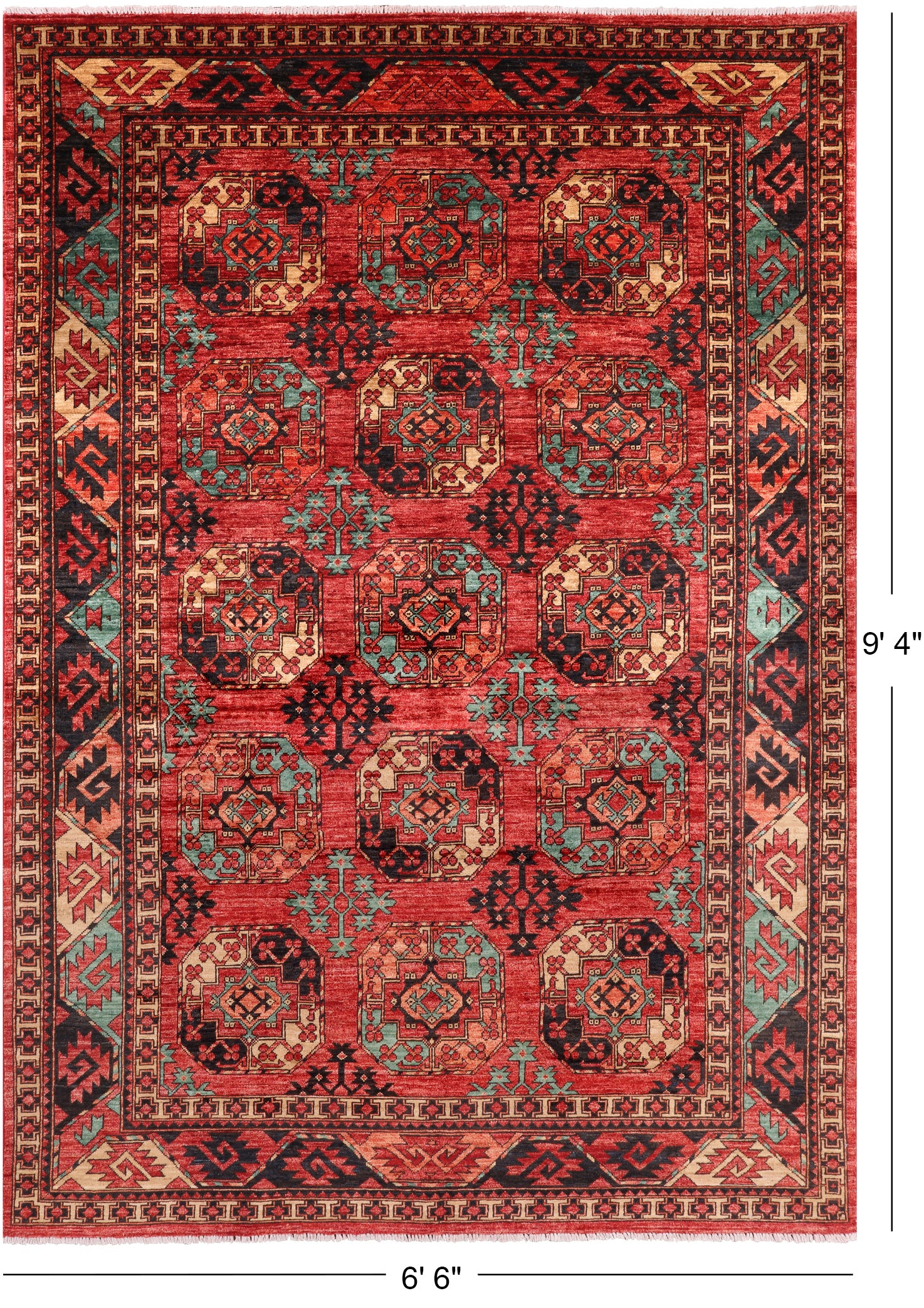Red Turkmen Ersari Handmade Wool Rug - 6' 6" X 9' 4" - Golden Nile