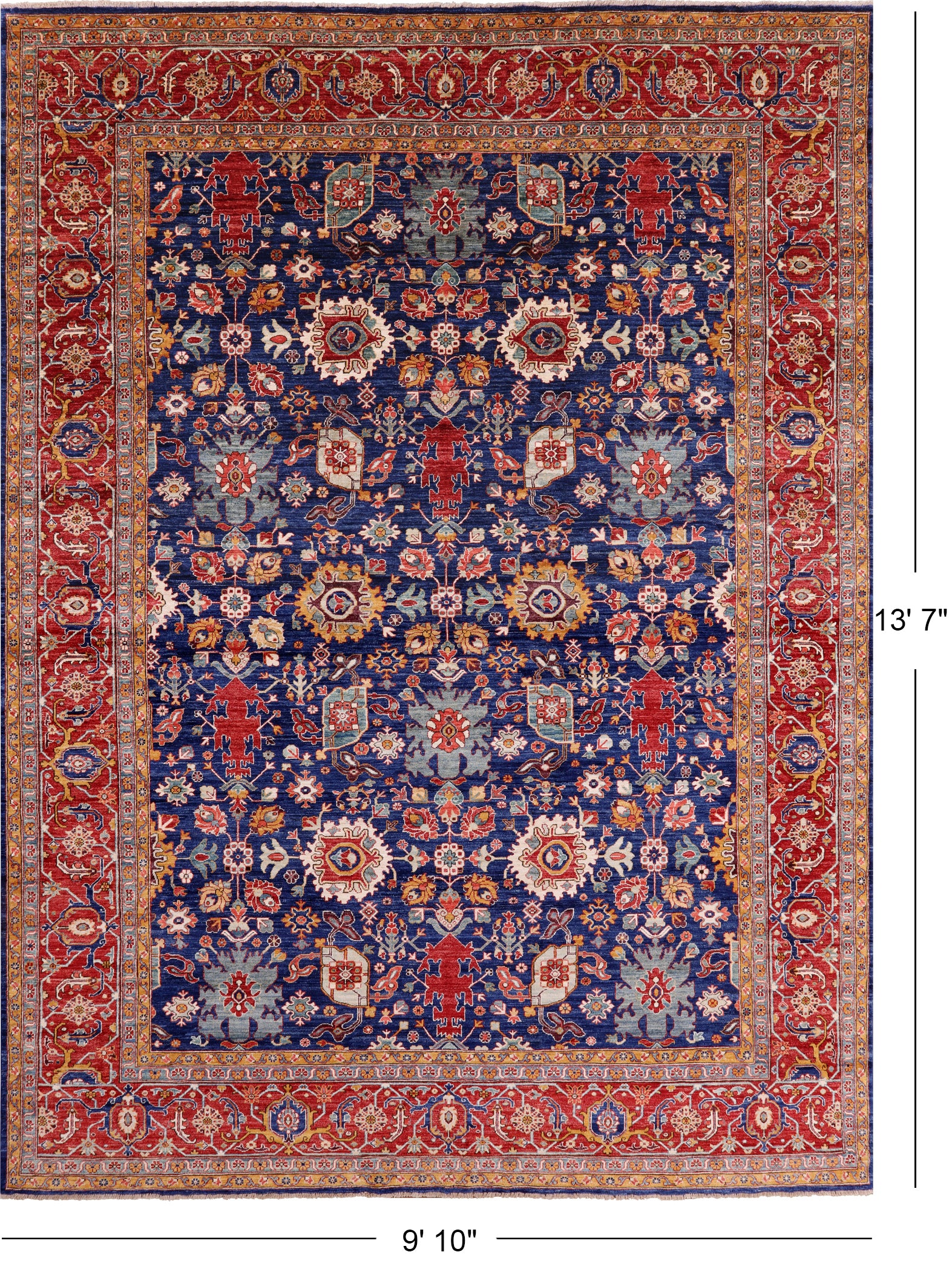 Blue Persian Fine Serapi Hand Knotted Wool Rug - 9' 10" X 13' 7" - Golden Nile