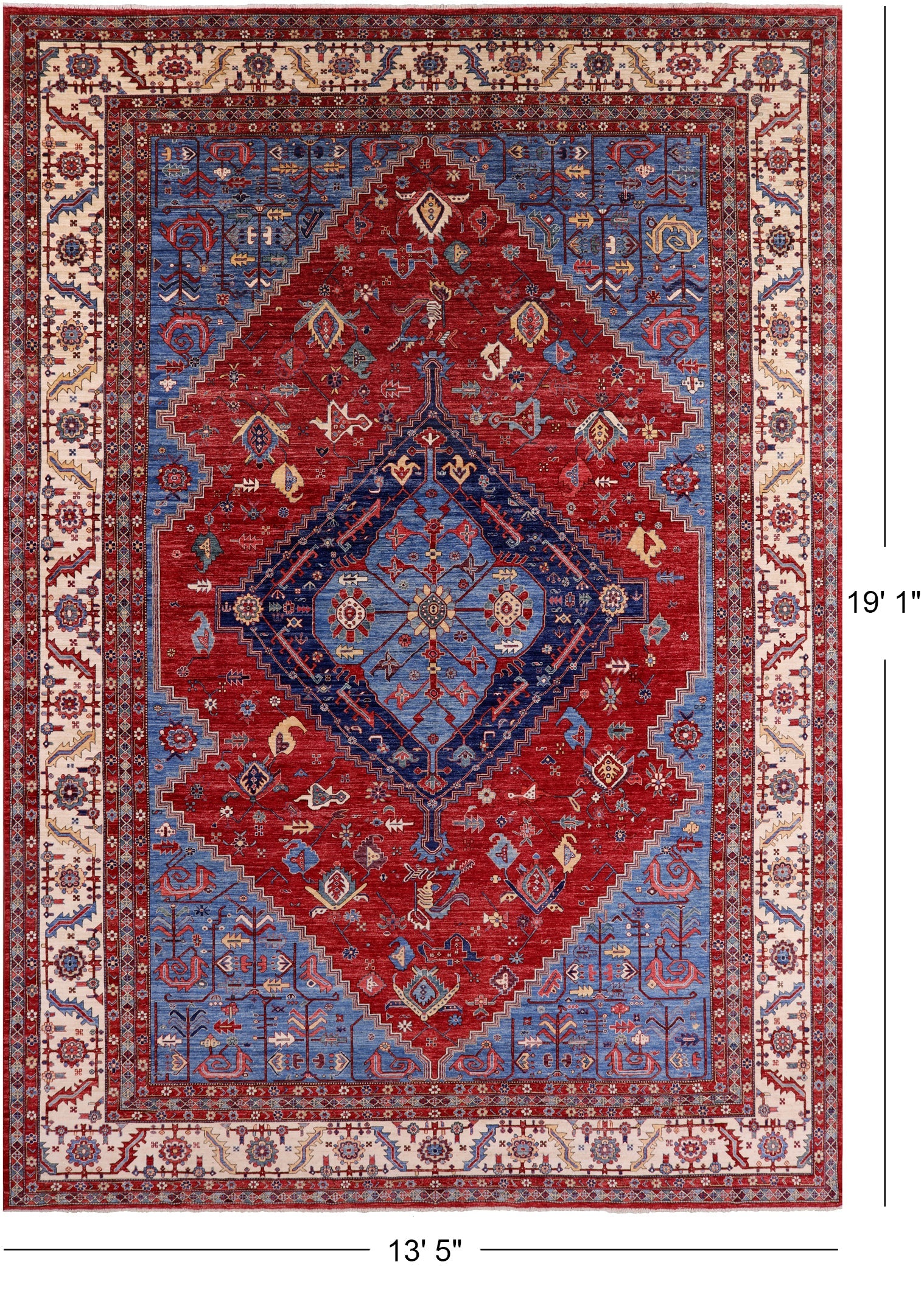Red Persian Fine Serapi Hand Knotted Wool Rug - 13' 5" X 19' 1" - Golden Nile