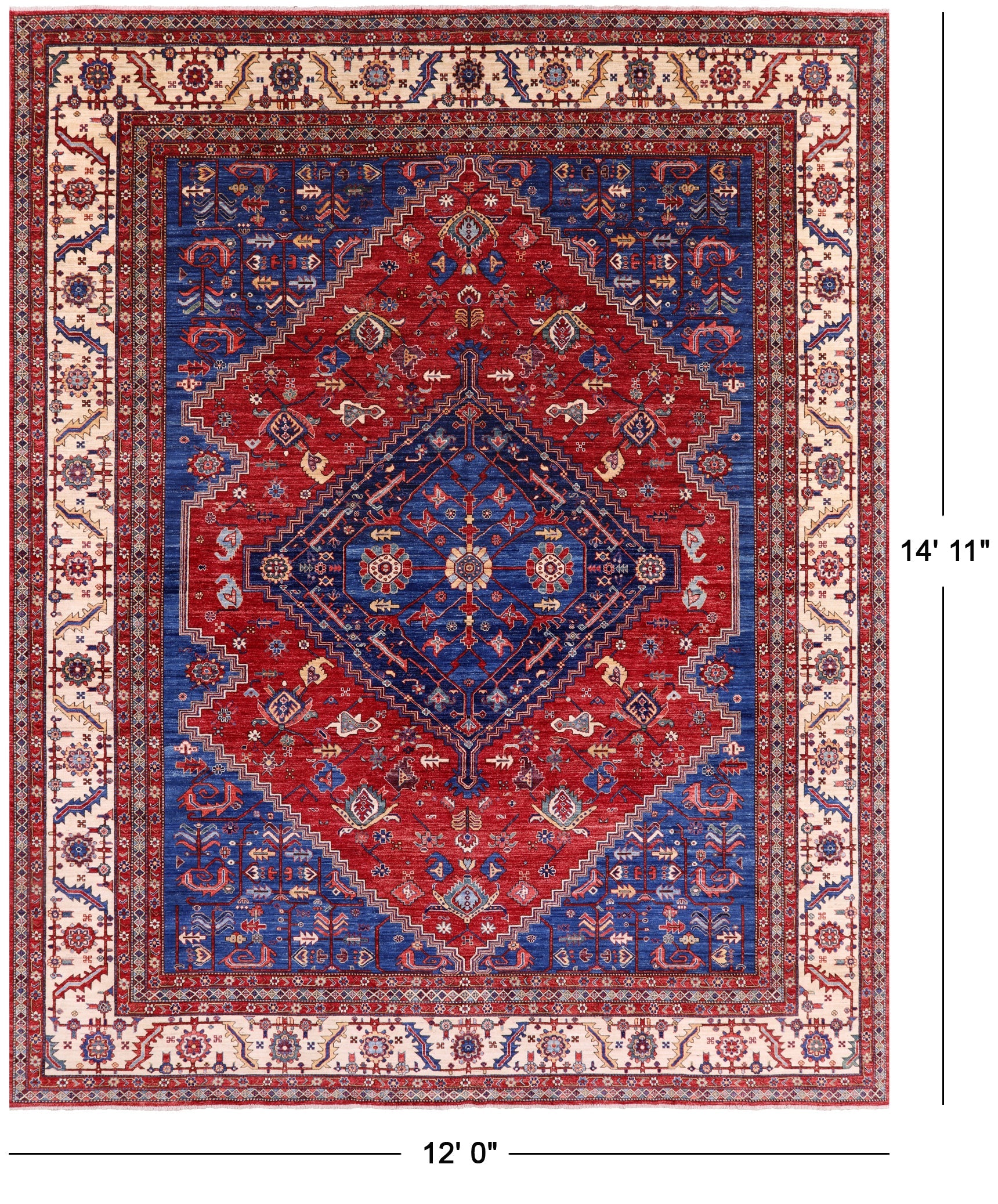 Red Persian Fine Serapi Hand Knotted Wool Rug - 12' 0" X 14' 11" - Golden Nile