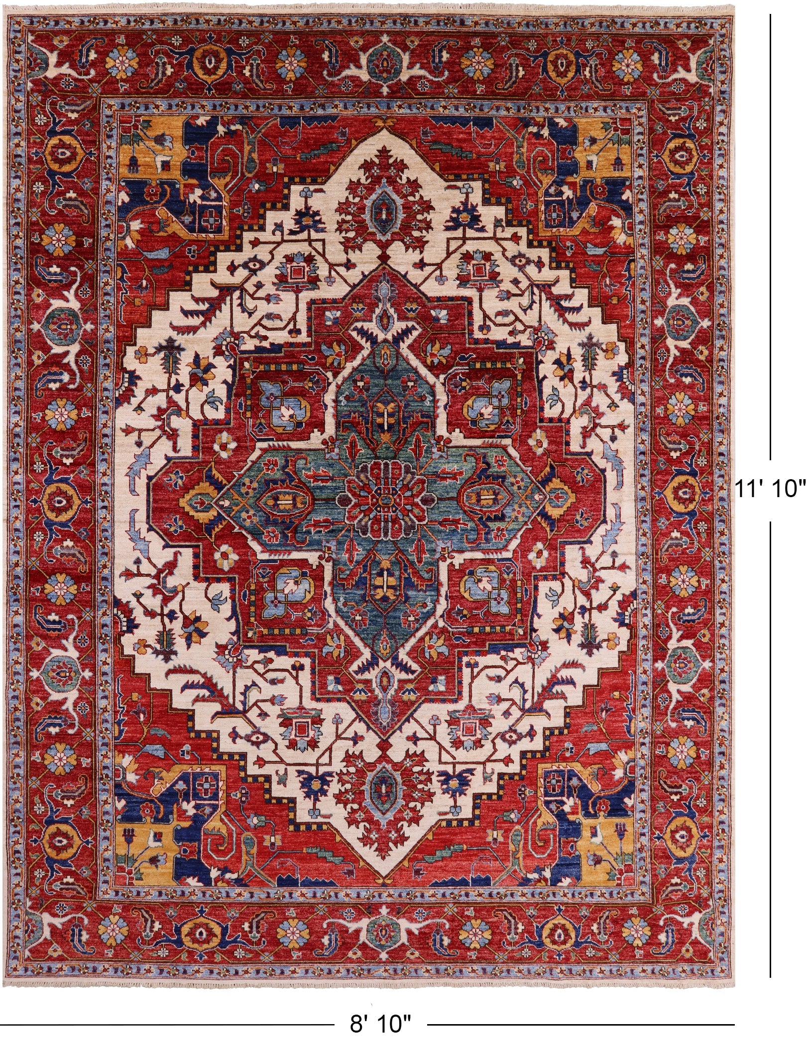 Ivory Persian Fine Serapi Hand Knotted Wool Rug - 8' 10" X 11' 10" - Golden Nile