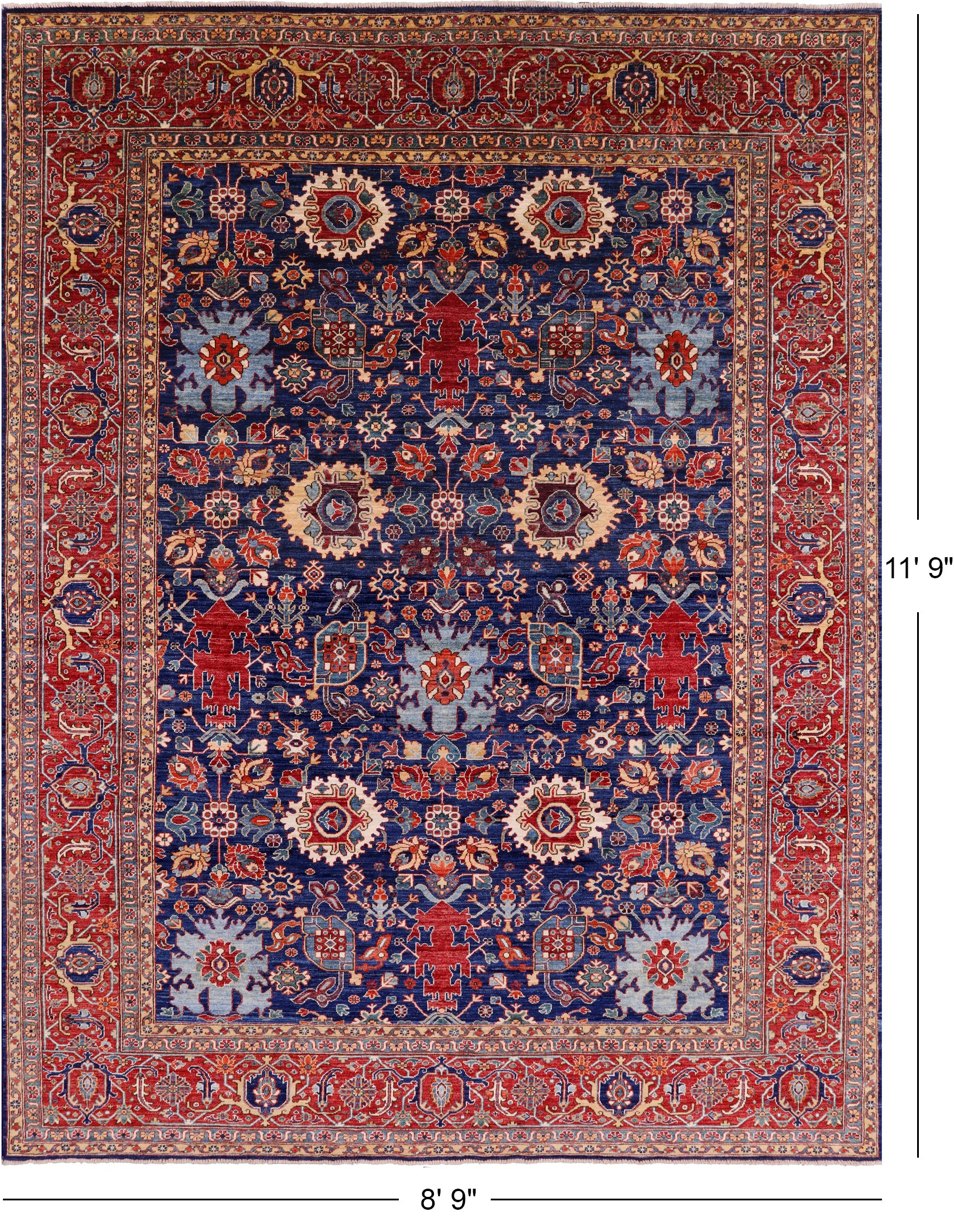 Blue Persian Fine Serapi Hand Knotted Wool Rug - 8' 9" X 11' 9" - Golden Nile