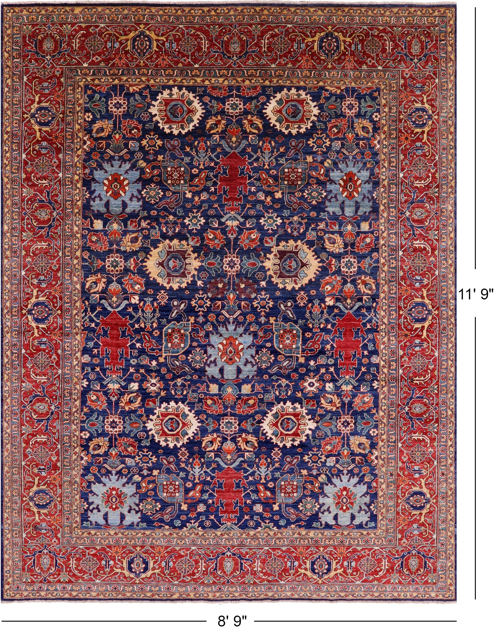 Blue Persian Fine Serapi Hand Knotted Wool Rug - 8' 9" X 11' 9" - Golden Nile
