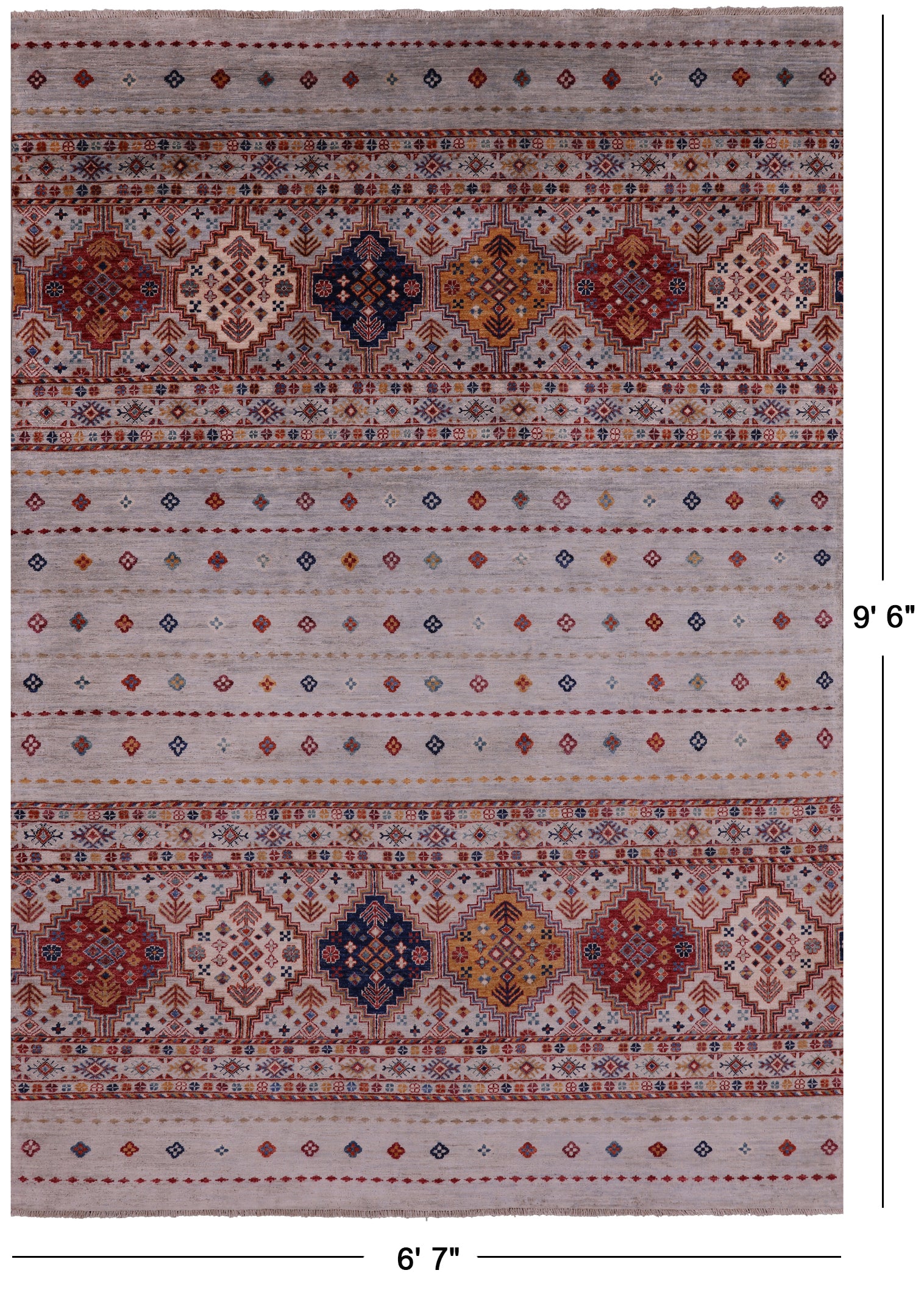 Grey Tribal Khorjin Persian Gabbeh Handmade Wool Rug - 6' 7" X 9' 6" - Golden Nile