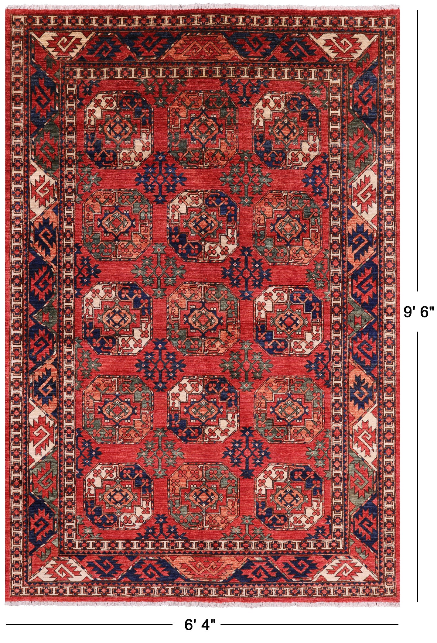 Red Turkmen Ersari Hand Knotted Wool Rug - 6' 4" X 9' 6" - Golden Nile