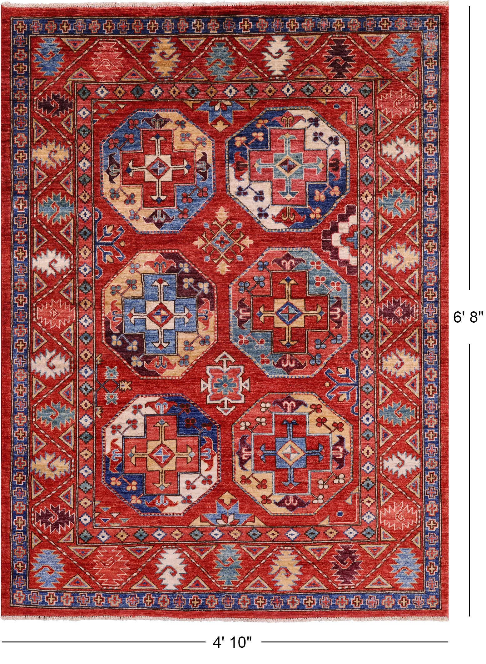Red Turkmen Ersari Handmade Wool Rug - 4' 10" X 6' 8" - Golden Nile