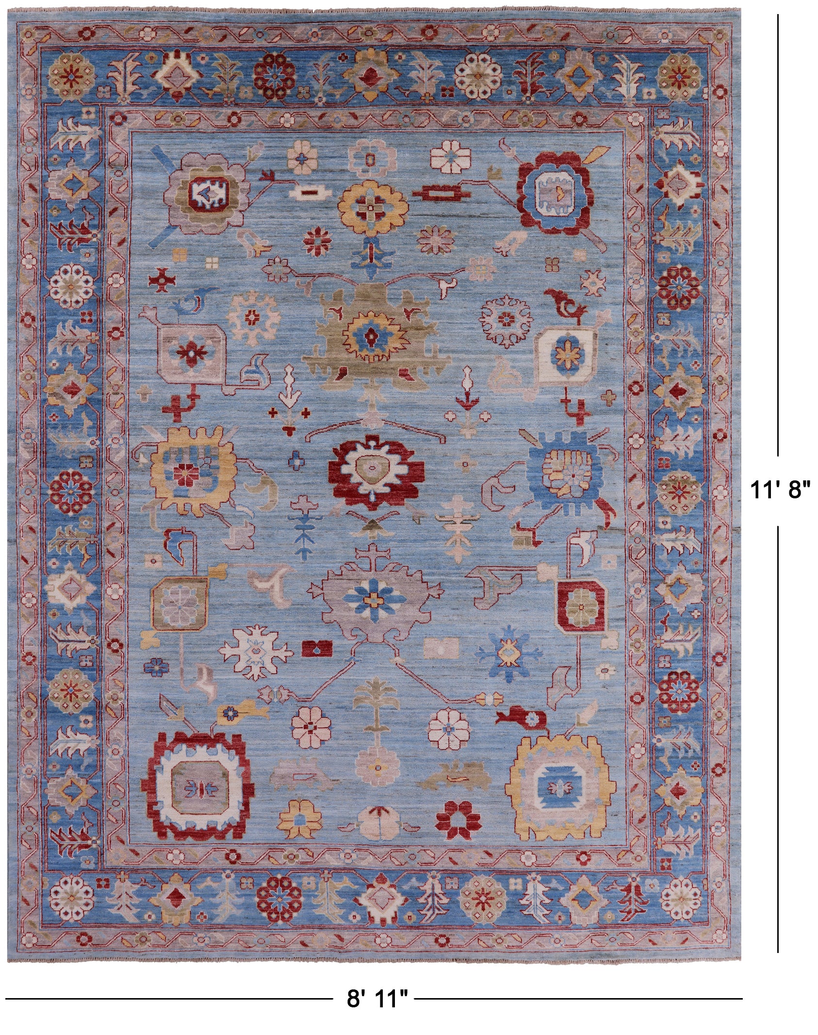 Blue Turkish Oushak Hand Knotted Wool Rug - 8' 11" X 11' 8" - Golden Nile