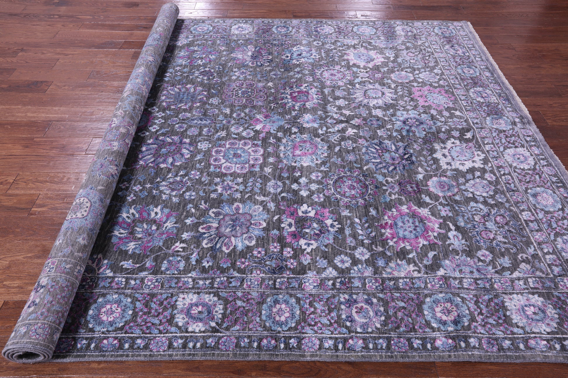 Grey Modern Hand Knotted Wool & Silk Rug - 8' 1" X 10' 3" - Golden Nile