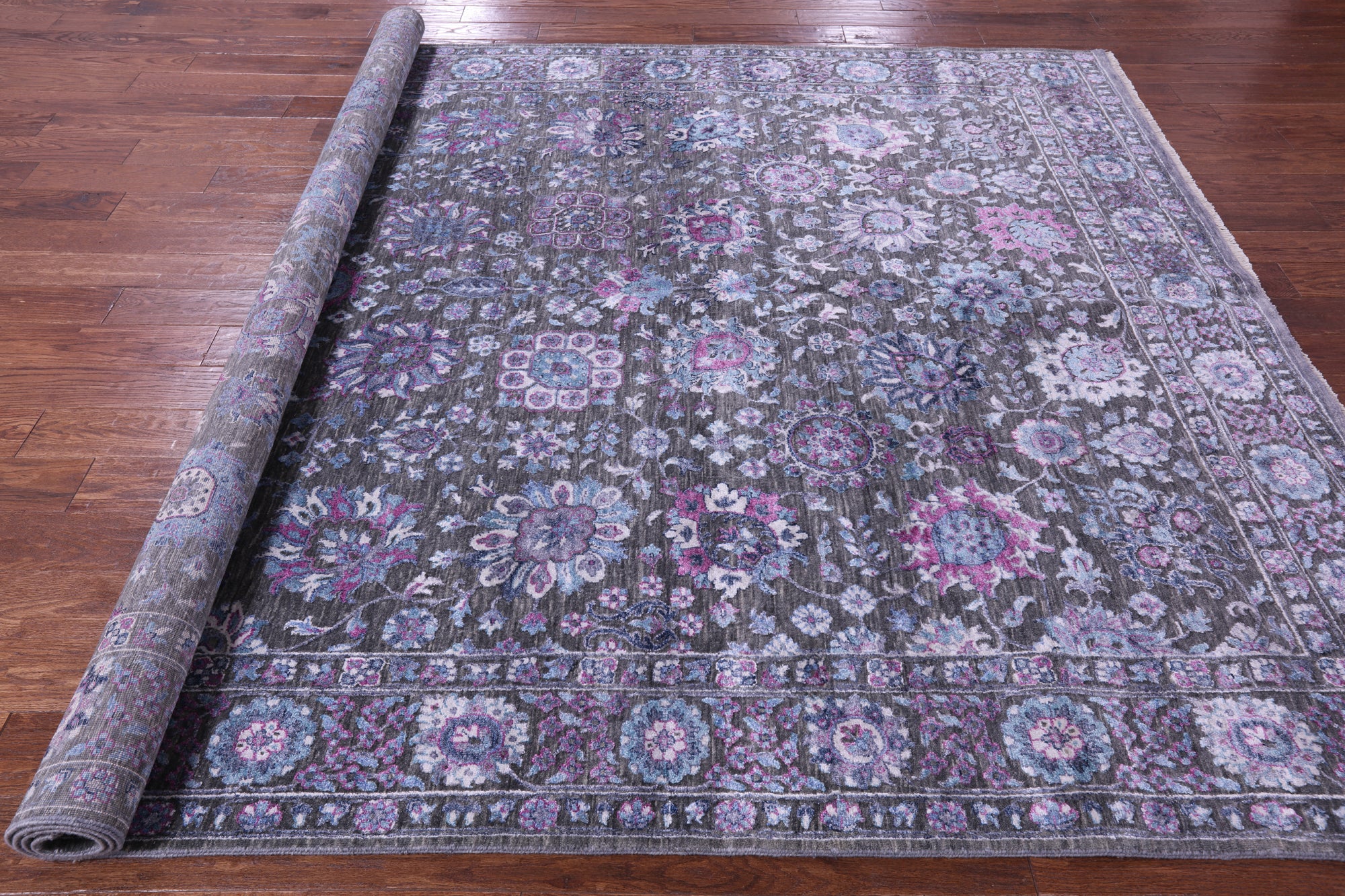 Grey Modern Hand Knotted Wool & Silk Rug - 8' 1" X 10' 3" - Golden Nile