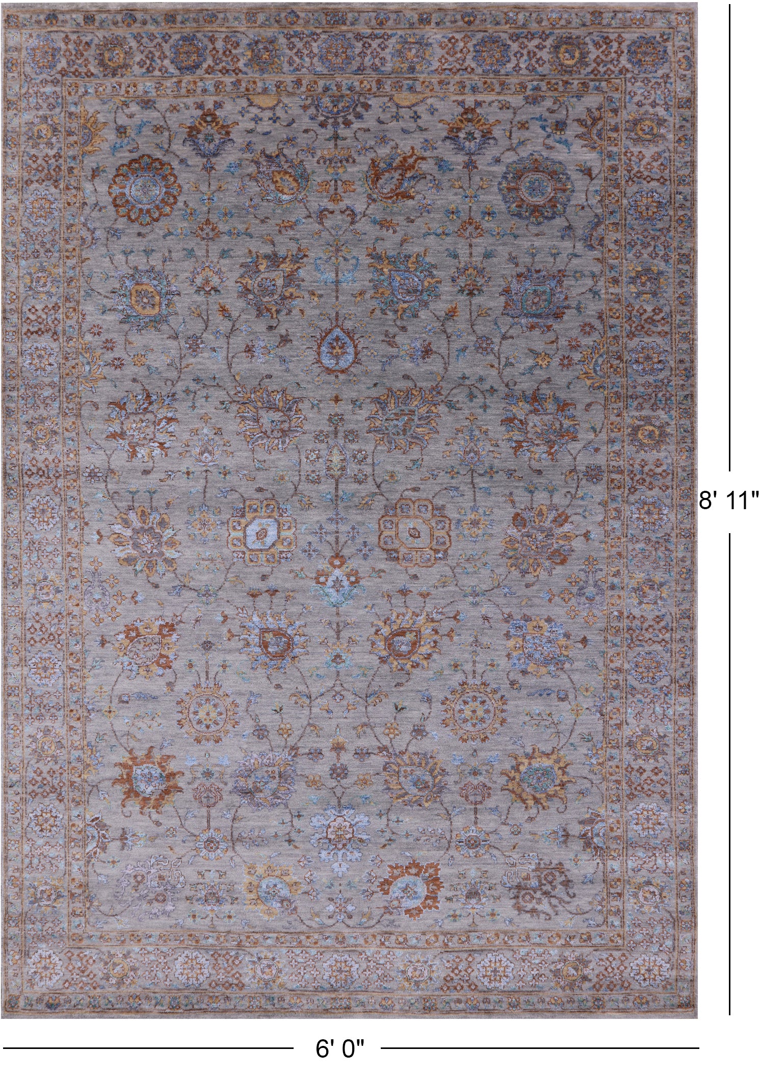 Grey Persian Handmade Wool & Silk Rug - 6' 0" X 8' 11" - Golden Nile