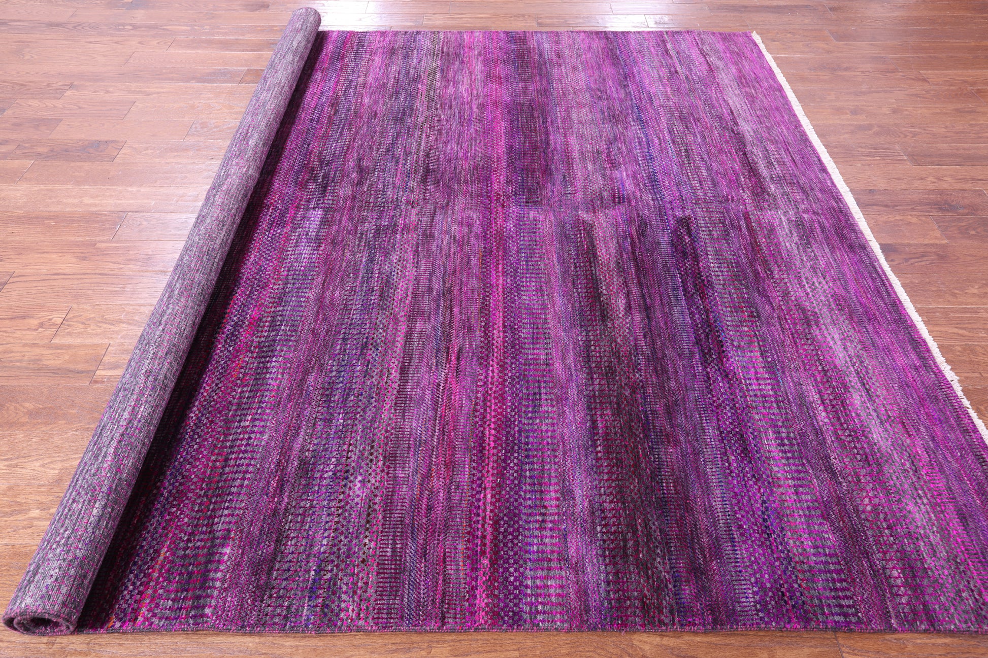 Purple Square Savannah Grass Hand Knotted Wool & Silk Rug - 7' 10" X 8' 0" - Golden Nile