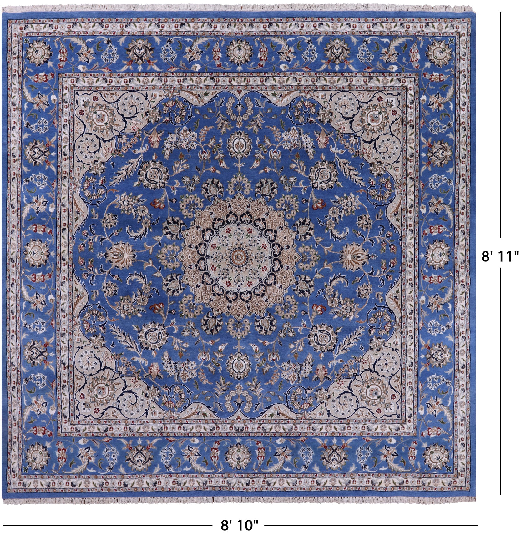 Blue Square Persian Nain Hand Knotted Wool & Silk Rug - 8' 10" X 8' 11" - Golden Nile