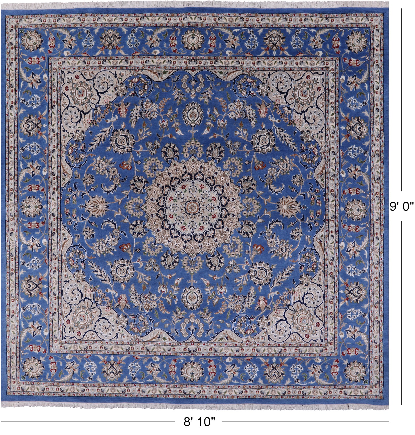 Blue Square Persian Nain Hand Knotted Wool & Silk Rug - 8' 10" X 9' 0" - Golden Nile