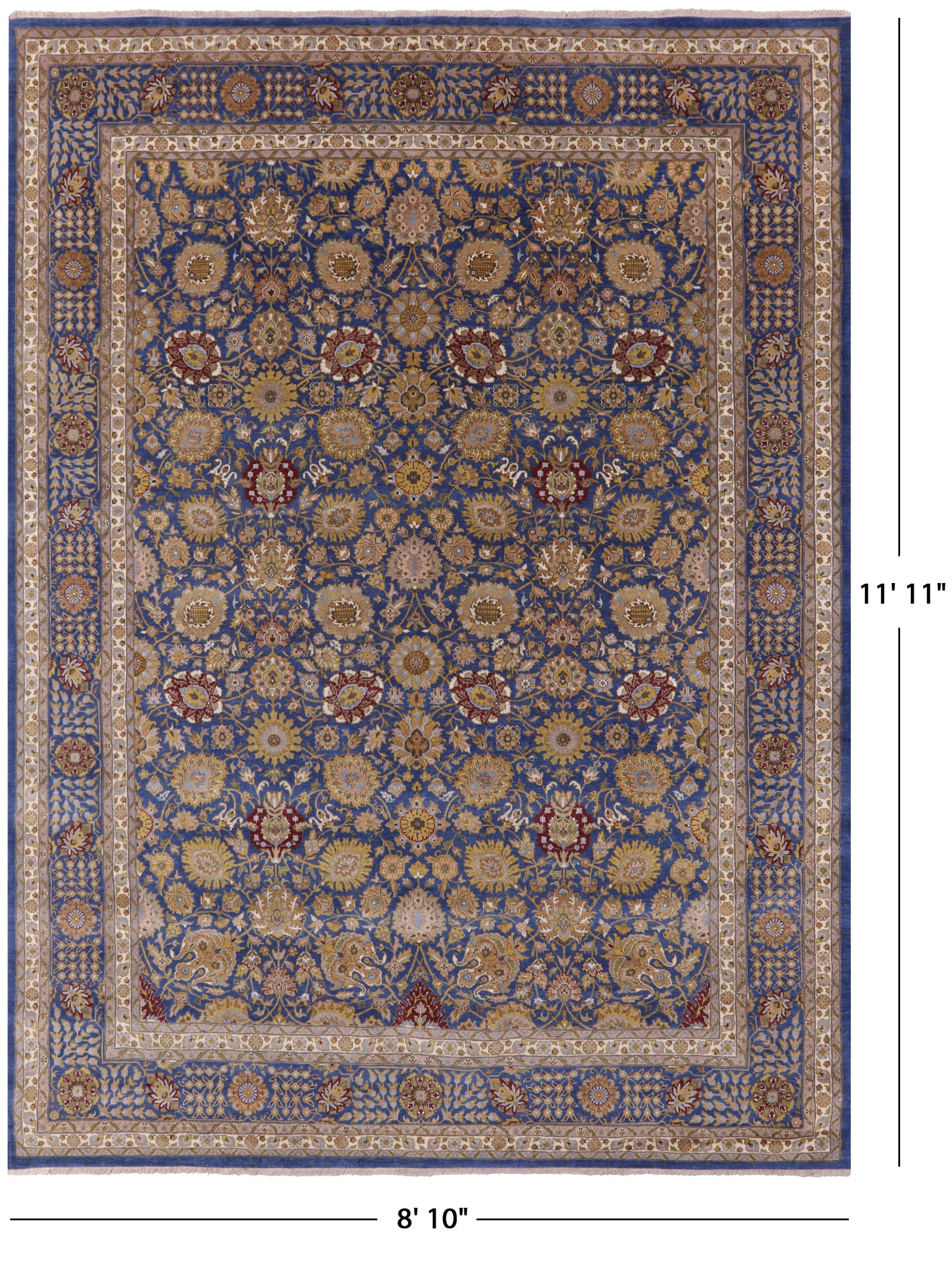 Blue Persian Tabriz Hand Knotted Wool Rug - 8' 10" X 11' 11" - Golden Nile