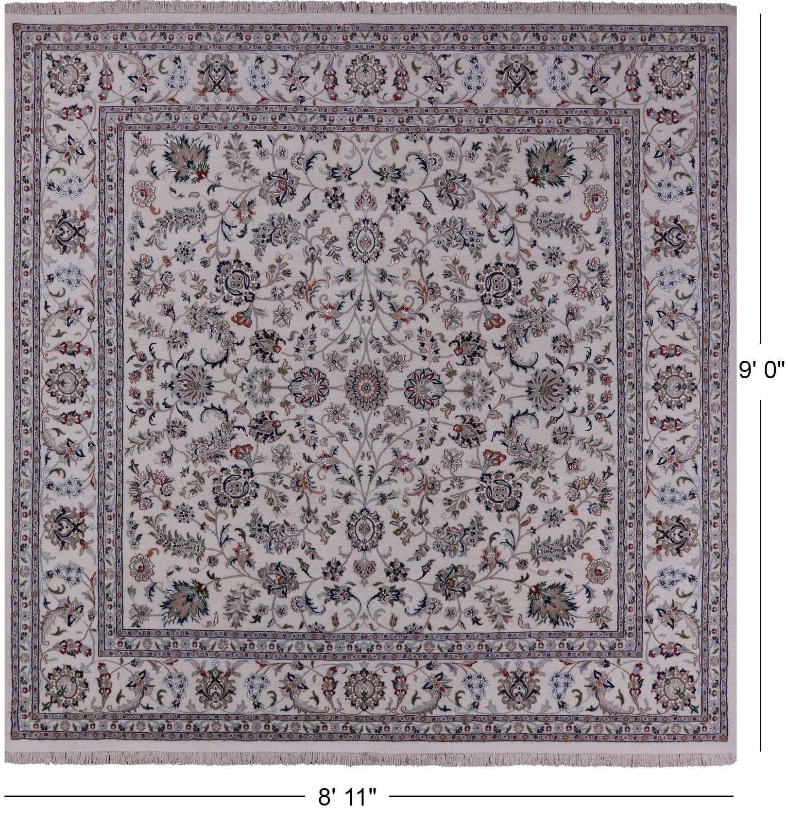 Ivory Square Persian Nain Hand Knotted Wool & Silk Rug - 8' 11" X 9' 0" - Golden Nile