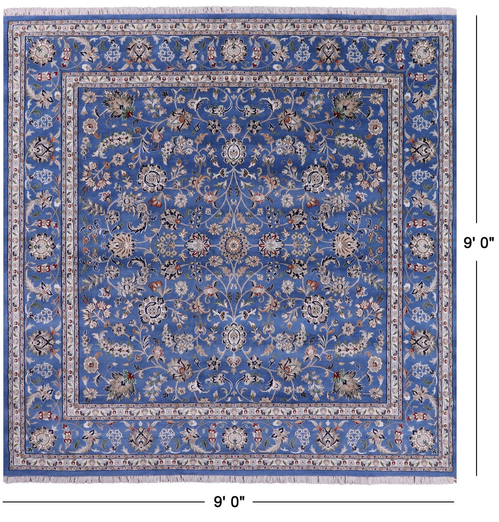 Blue Square Persian Nain Hand Knotted Wool & Silk Rug - 9' 0" X 9' 0" - Golden Nile