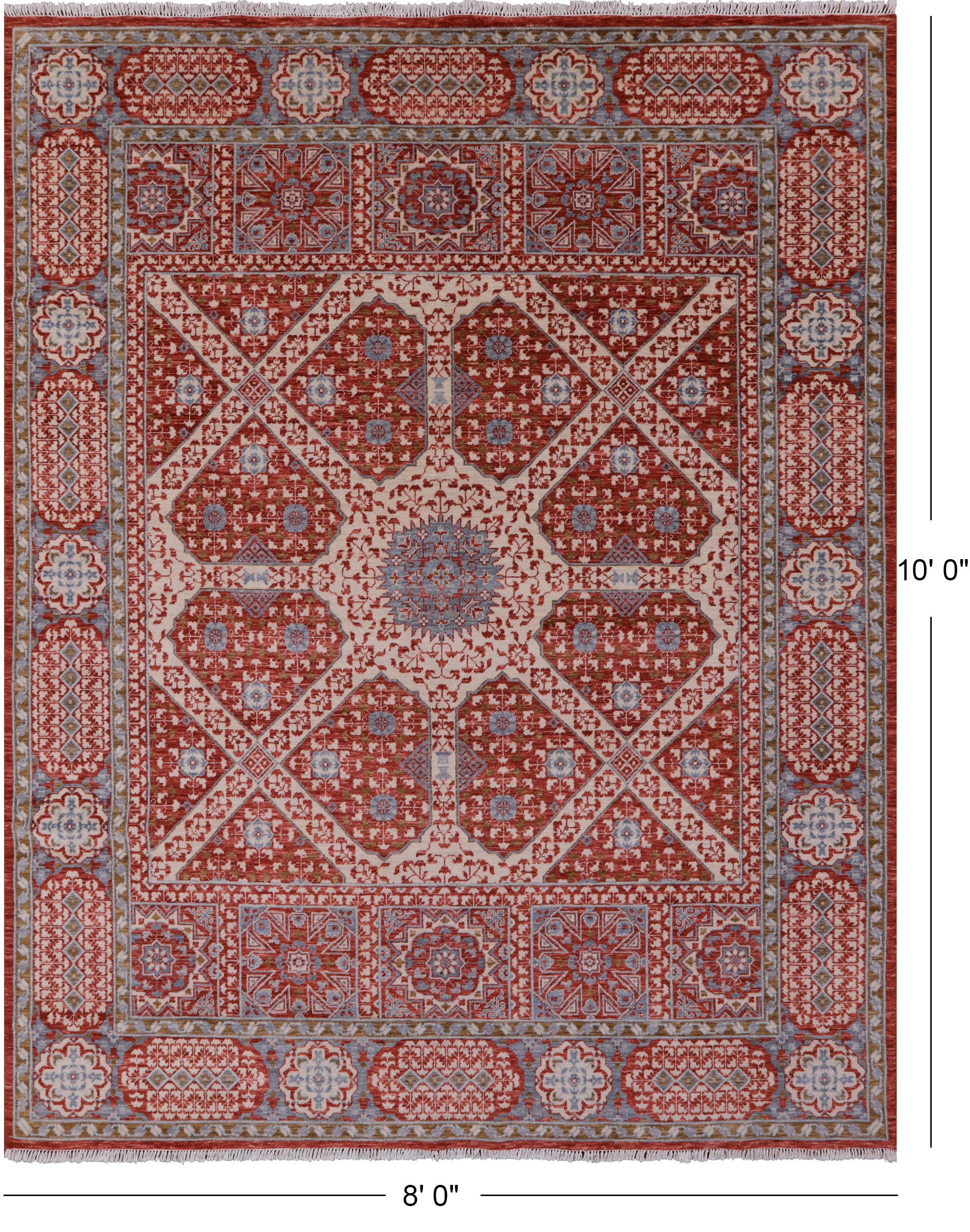 Red Geometric Persian Mamluk Hand Knotted Wool Rug - 8' 0" X 10' 0" - Golden Nile