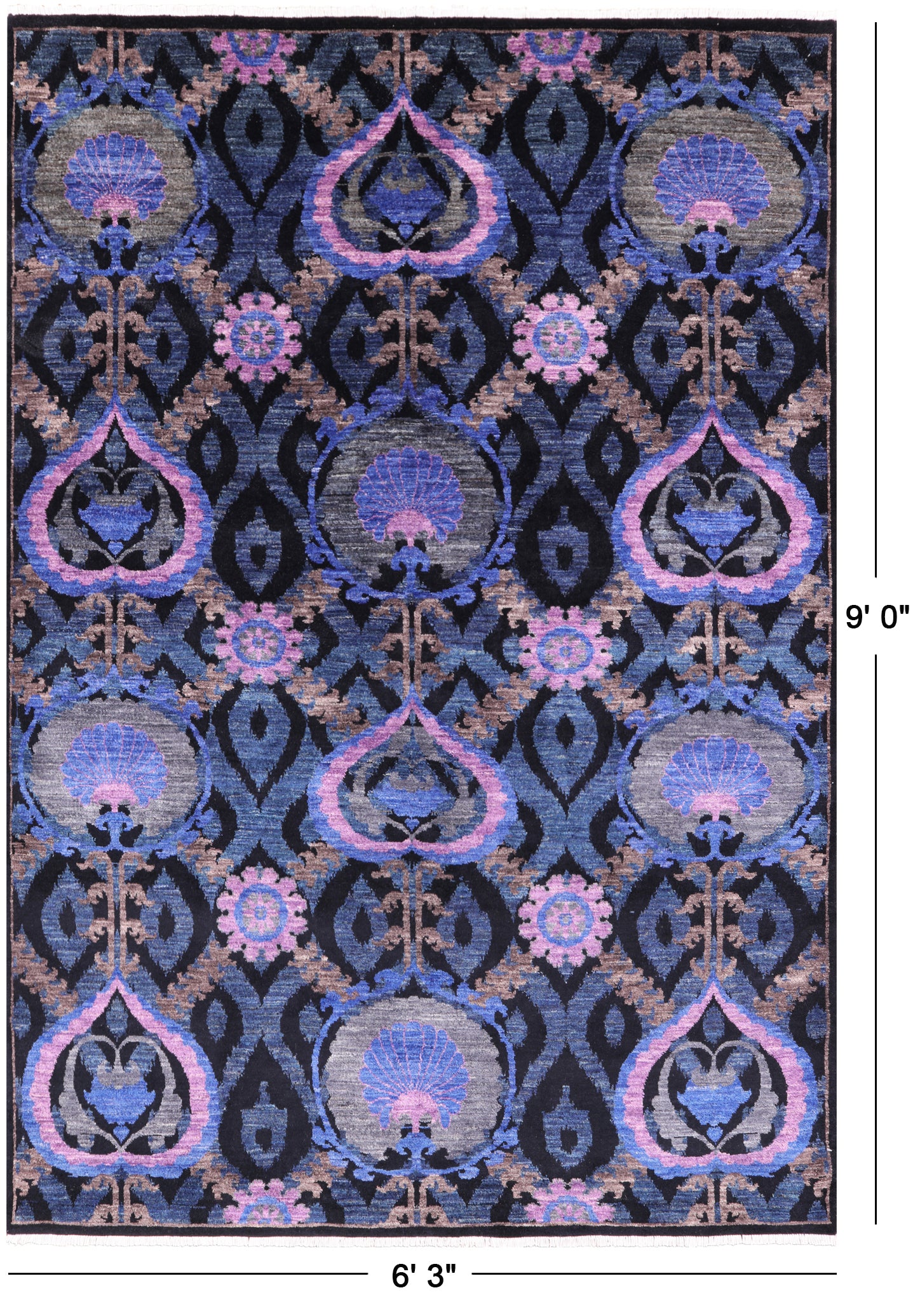 Black William Morris Handmade Wool Rug - 6' 3" X 9' 0" - Golden Nile