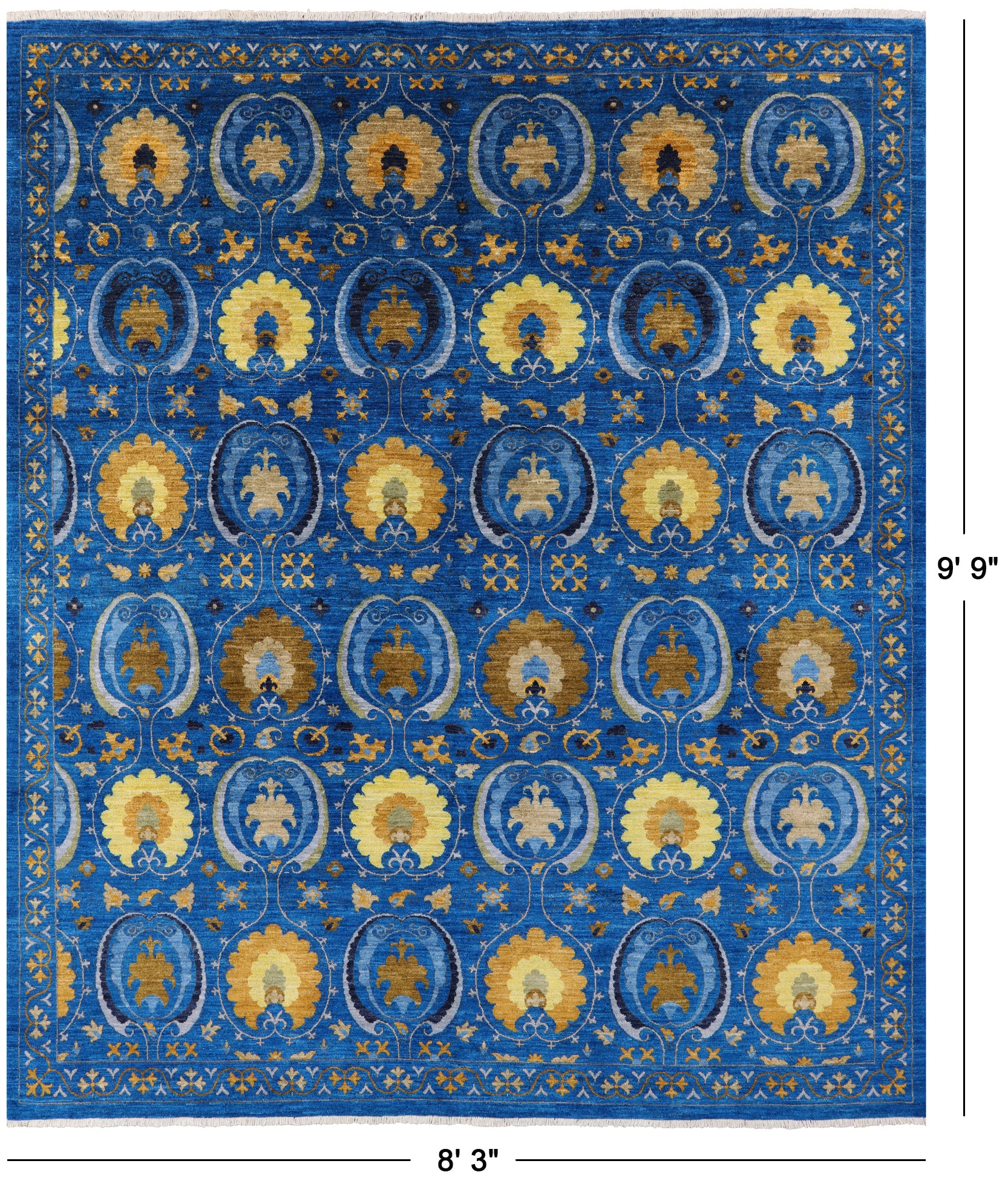 Blue William Morris Handmade Wool Rug - 8' 3" X 9' 9" - Golden Nile