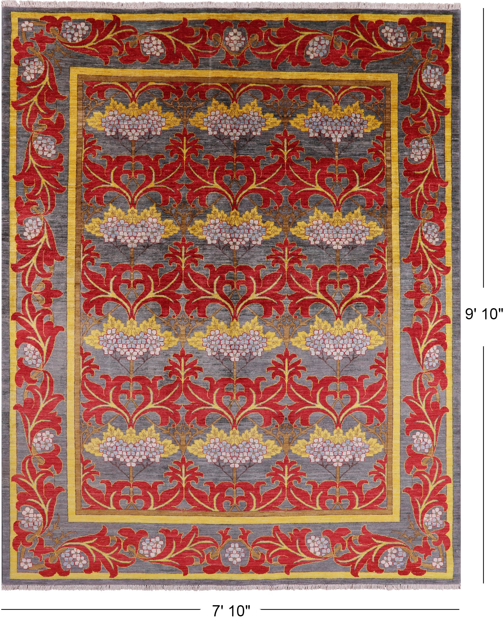 Grey William Morris Handmade Wool Rug - 7' 10" X 9' 10" - Golden Nile