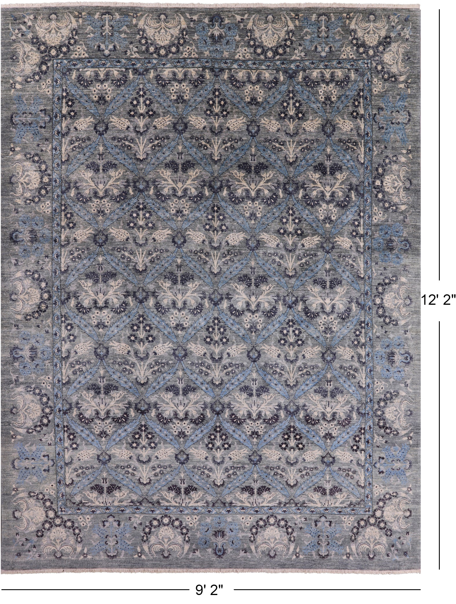 Grey William Morris Handmade Wool Rug - 9' 2" X 12' 2" - Golden Nile