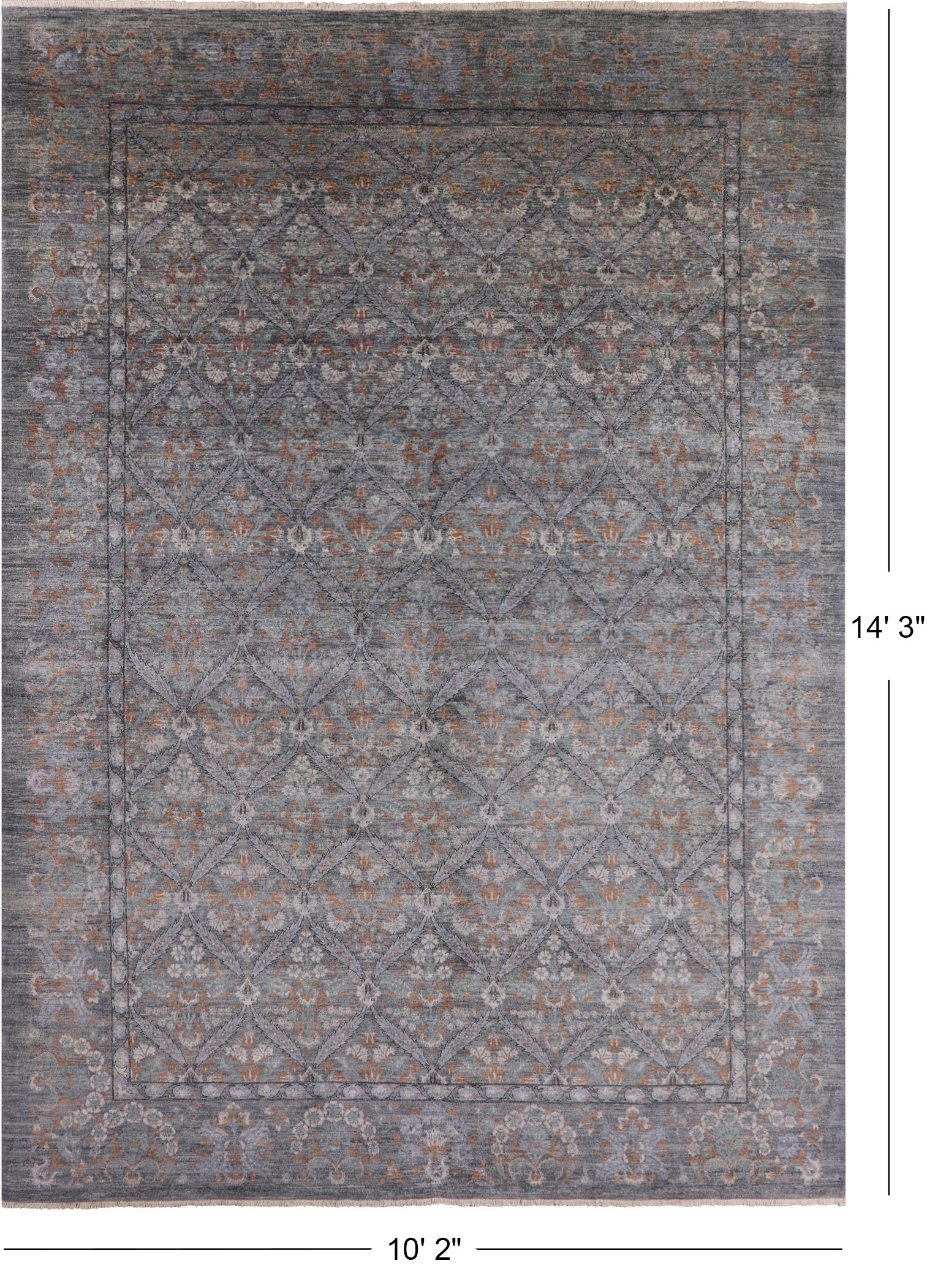 Grey William Morris Hand Knotted Wool Rug - 10' 2" X 14' 3" - Golden Nile