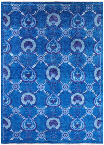 Blue William Morris Handmade Wool Rug - 10' 1" X 14' 1" - Golden Nile