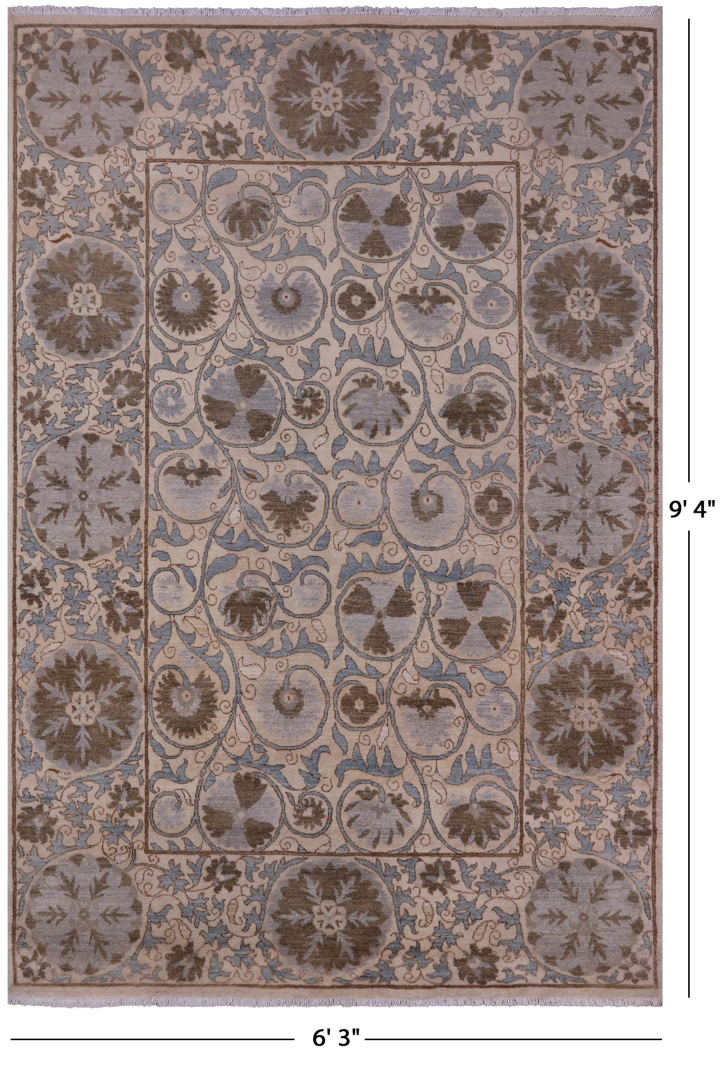 Ivory William Morris Handmade Wool Rug - 6' 3" X 9' 4" - Golden Nile