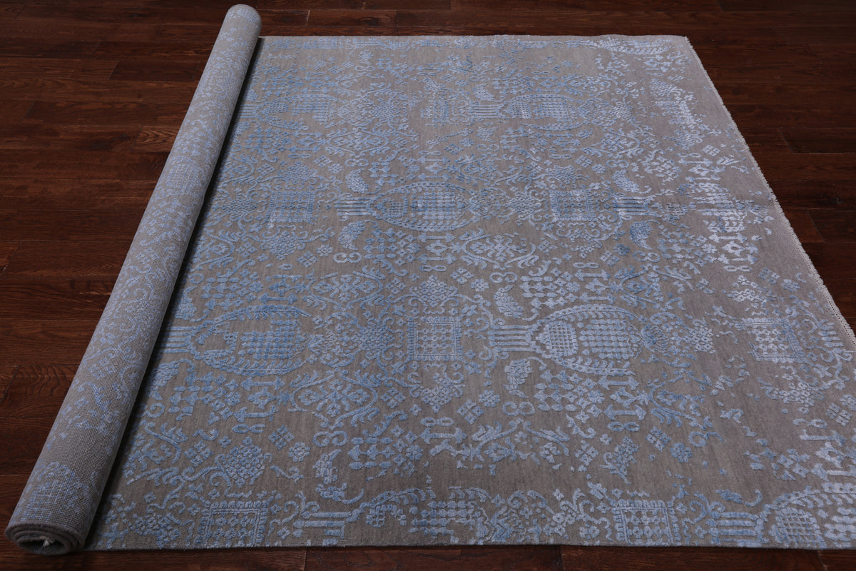 Grey Modern Hand Knotted Wool & Silk Rug - 6' 1" X 9' 1"