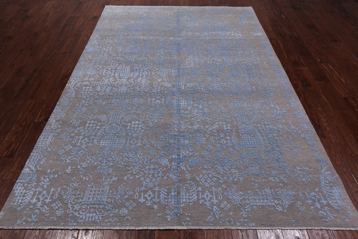 Grey Modern Hand Knotted Wool & Silk Rug - 6' 1" X 9' 1"