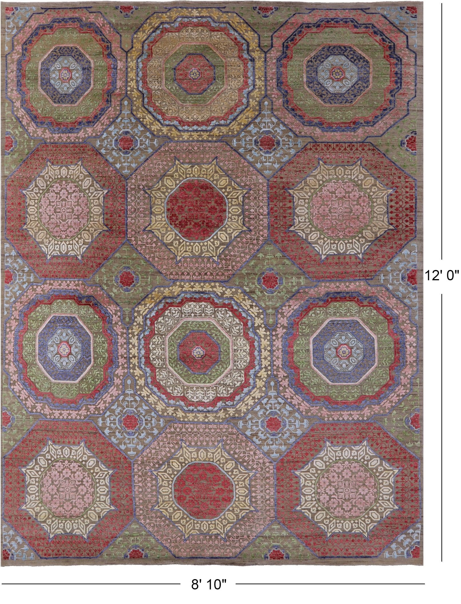 Geometric Persian Mamluk Hand Knotted Wool & Silk Rug - 8' 10" X 12' 0" - Golden Nile