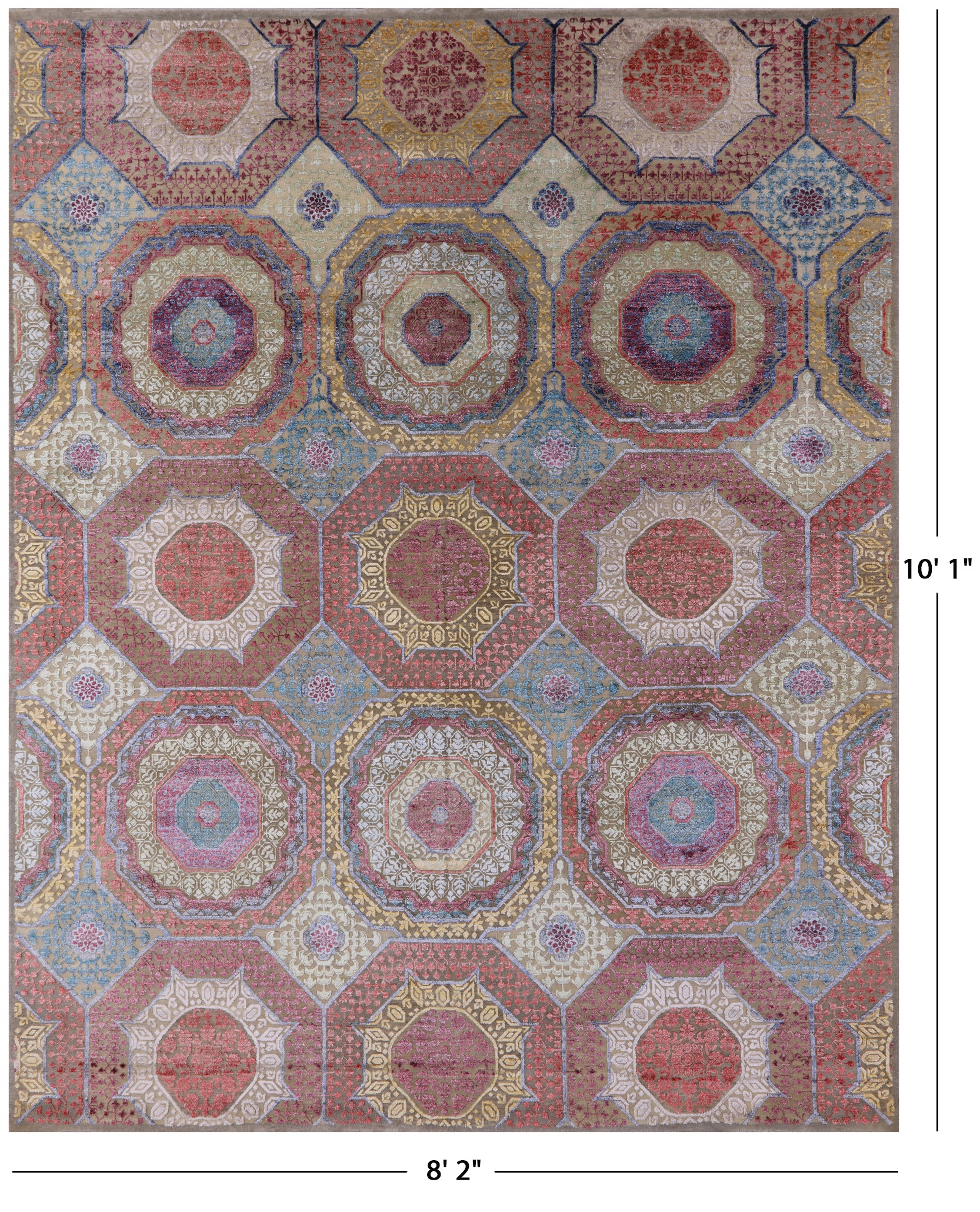 Geometric Persian Mamluk Hand Knotted Wool & Silk Rug - 8' 2" X 10' 1" - Golden Nile