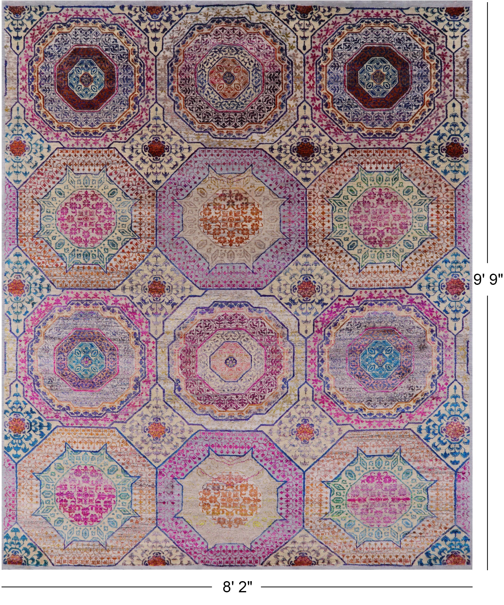 Geometric Persian Mamluk Hand Knotted Wool & Silk Rug - 8' 2" X 9' 9" - Golden Nile