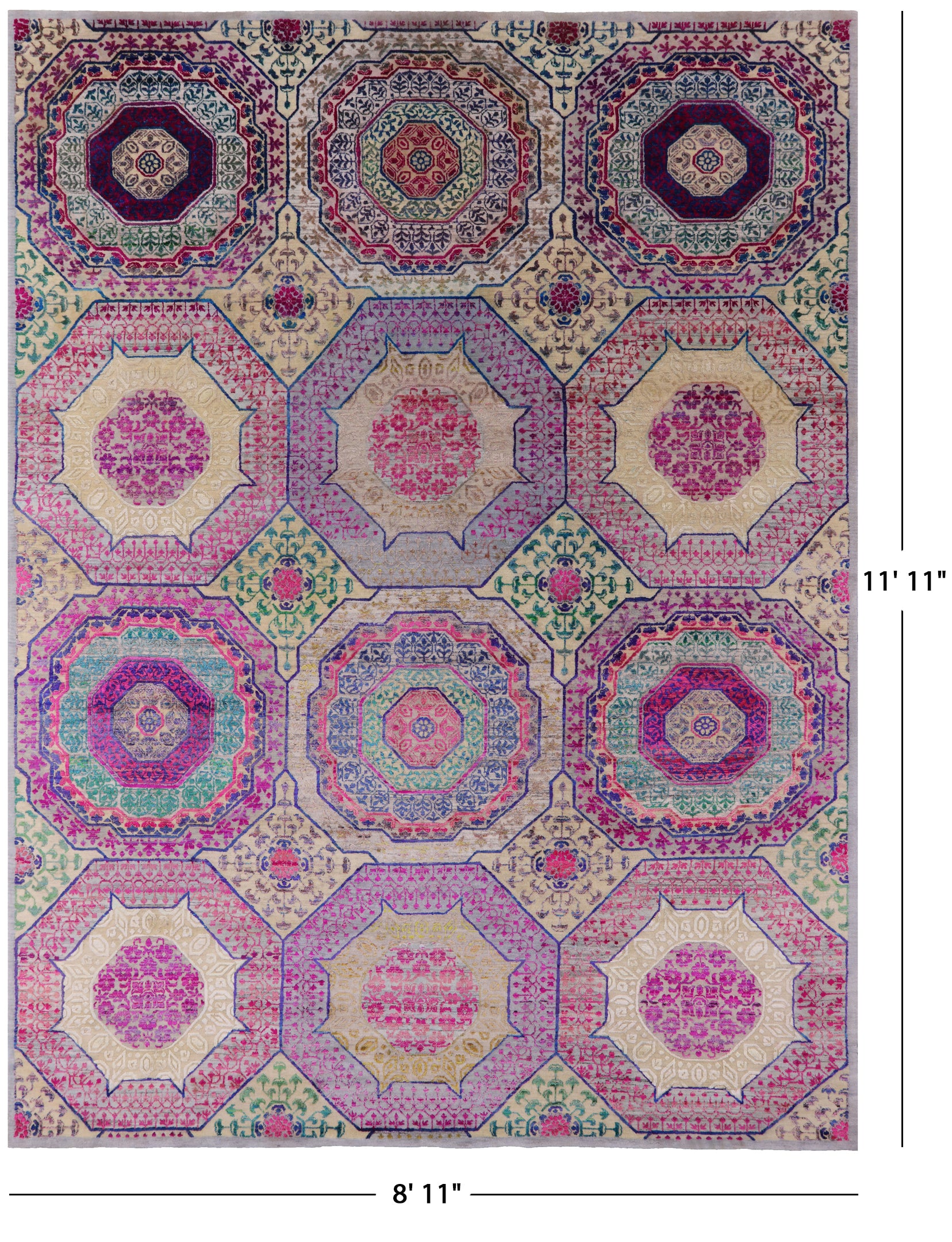 Geometric Persian Mamluk Hand Knotted Wool & Silk Rug - 8' 11" X 11' 11" - Golden Nile